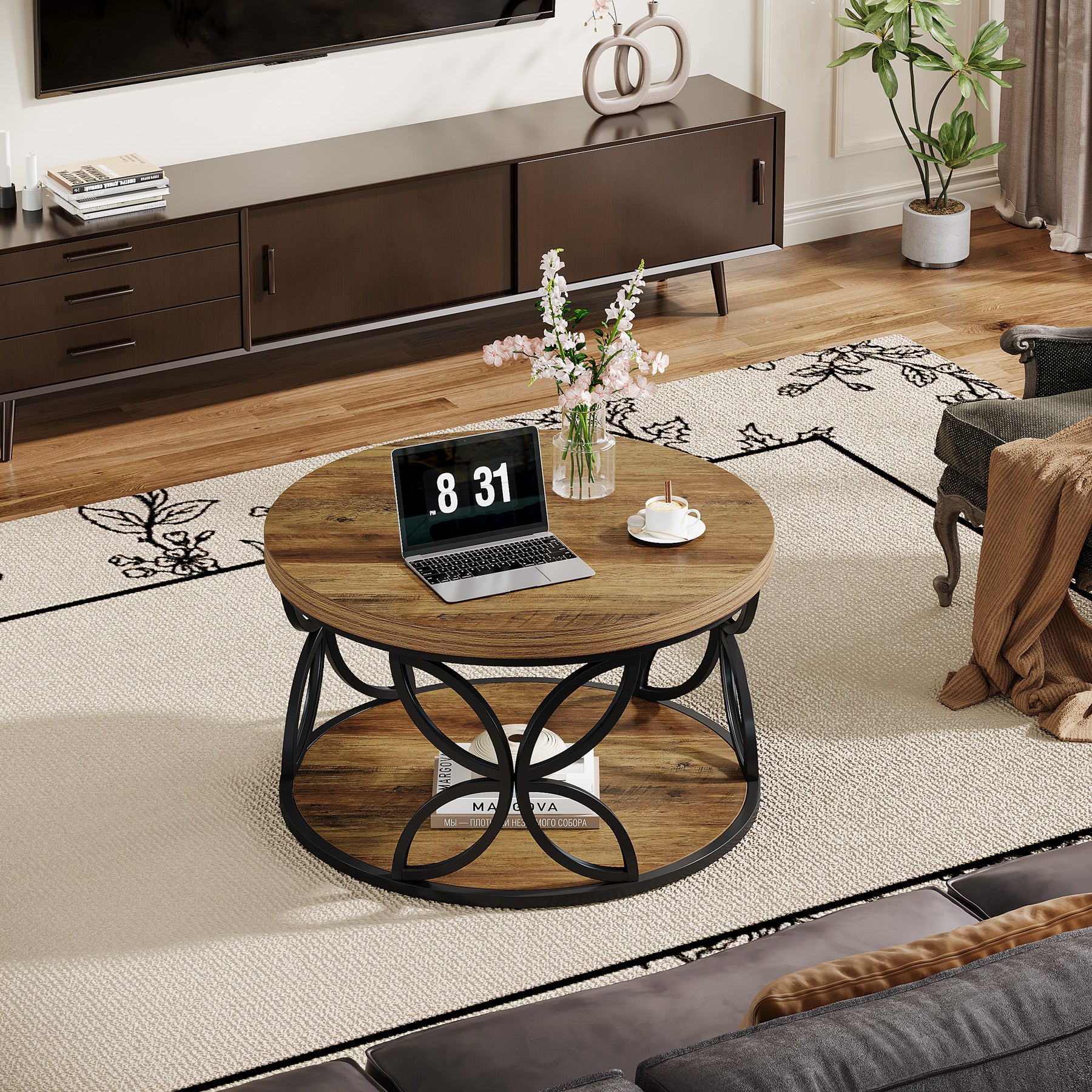 Ronde salontafel van 80 cm met opbergniveau, houten tafel met metalen frame voor woonkamer