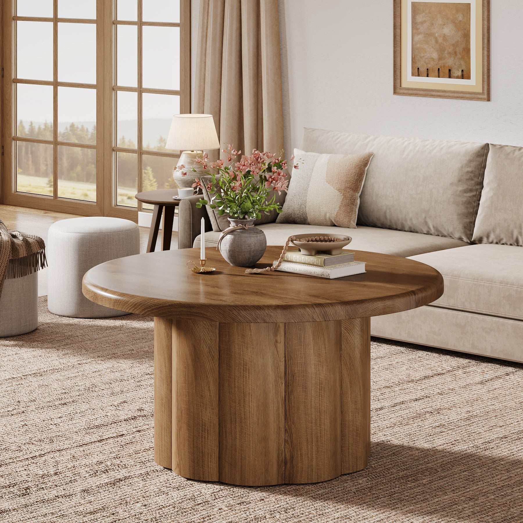 80 cm Ronde Landelijke Salontafel, Gegroefde Trommelvoet voor Woonkamer en Appartement