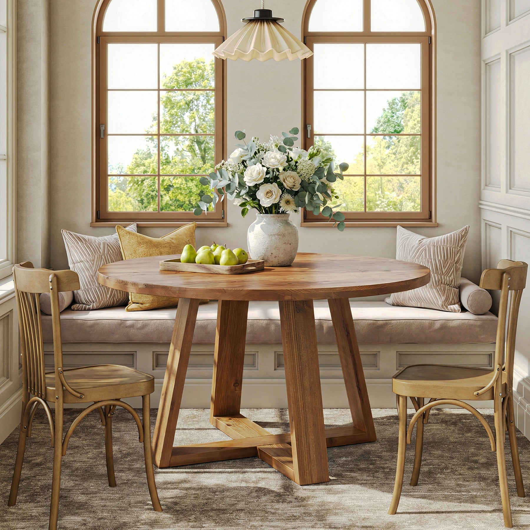 120 cm Ronde Eettafel, Landelijke Massief Houten Keukentafel met Schragenonderstel voor 4 Personen
