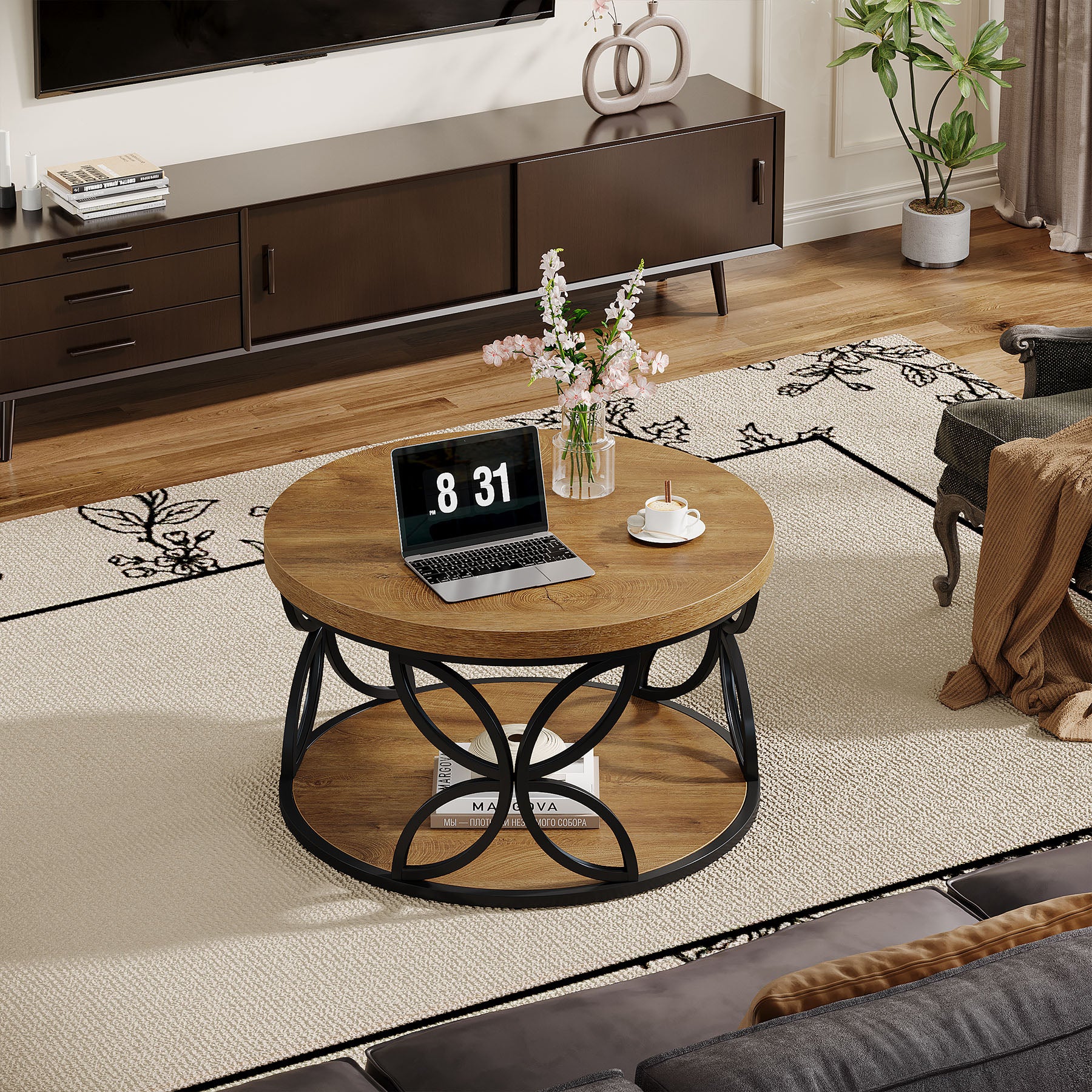 80 cm Tribesigns ronde salontafel met 2-laagse opbergruimte, landelijke woonkamertafel met houtlook en metalen frame voor woonkamer