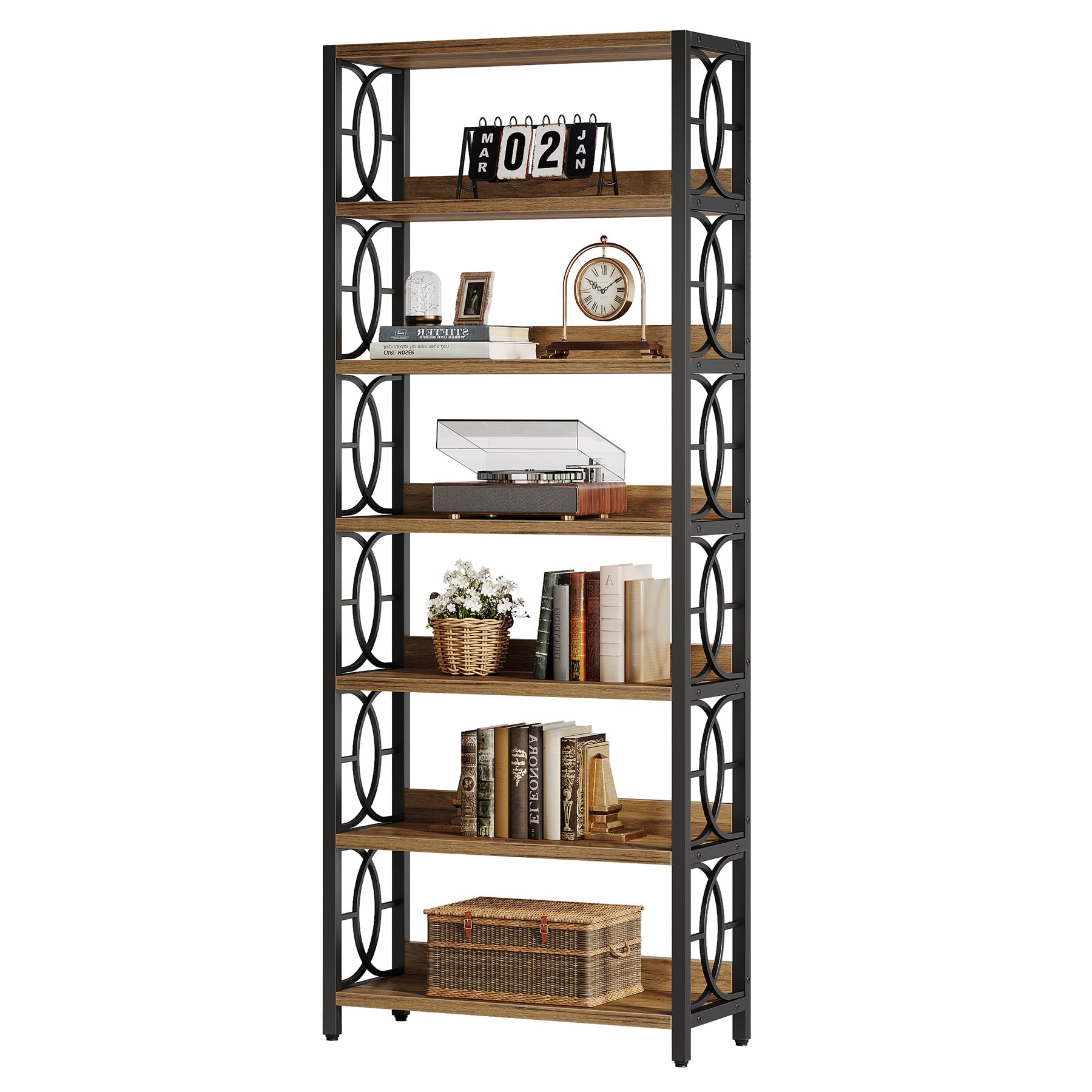 180 cm Boekenkast met 6 Niveaus, Industrieel Vrijstaand Displayrek met Metalen Frame