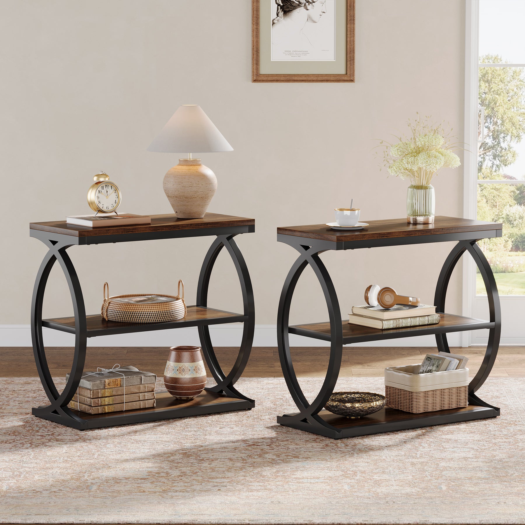 60 cm Smalle Bijzettafel met 3 Niveaus, Industriële Houten Nachtkastje voor Kleine Ruimtes