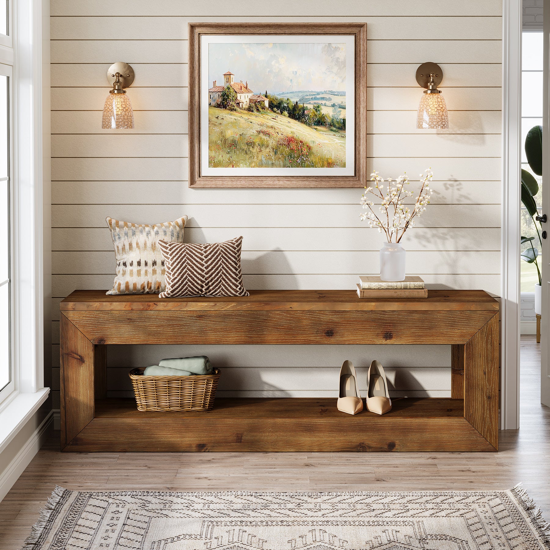 120 cm massief houten halbank met opbergplank, landelijke zitbank voor entree en hal