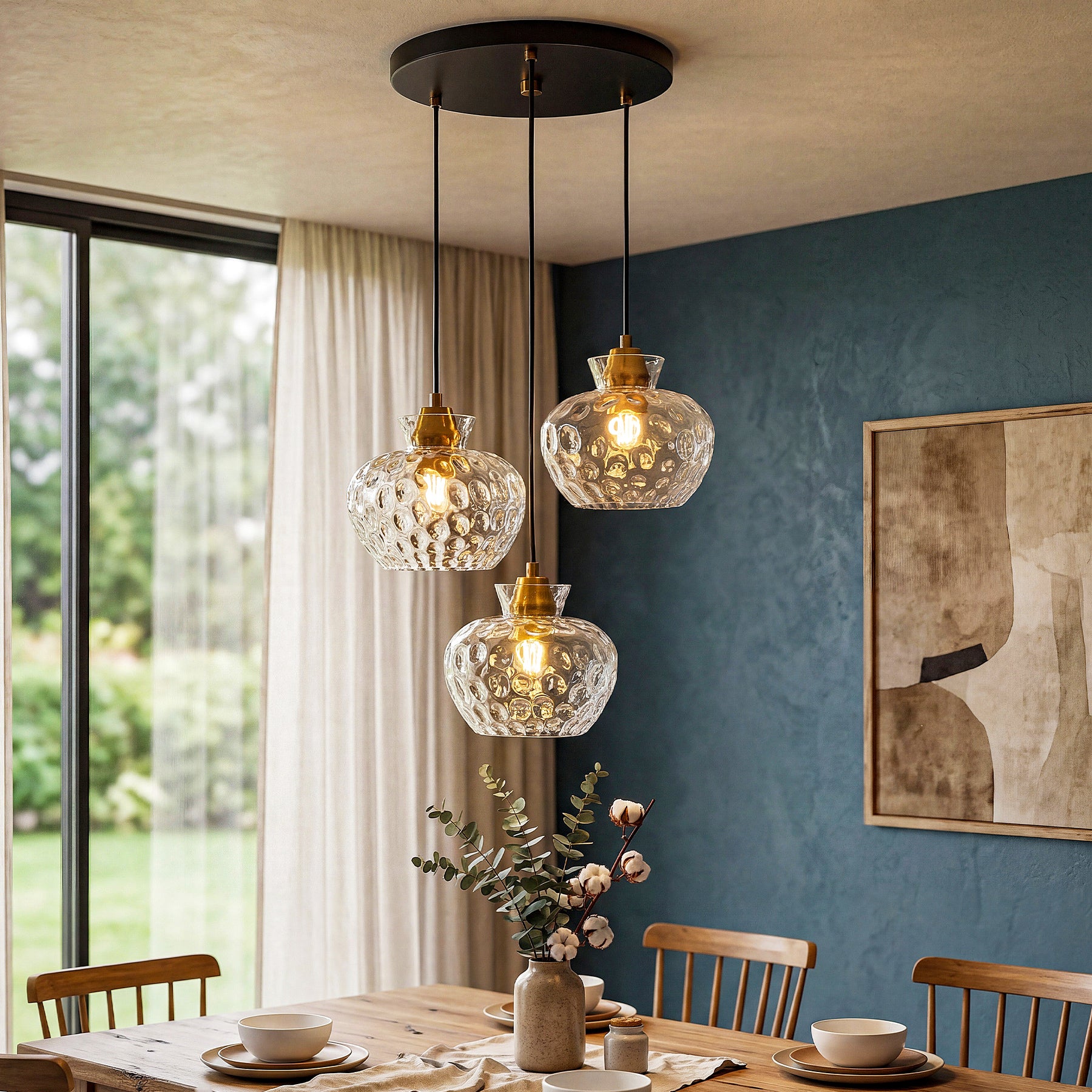 152 cm Tribesigns 3-lichts pendellamp met geribbeld glas en E27 fitting, in hoogte verstelbare vintage hanglamp voor eettafel, keuken en woonkamer [Energieklasse E]