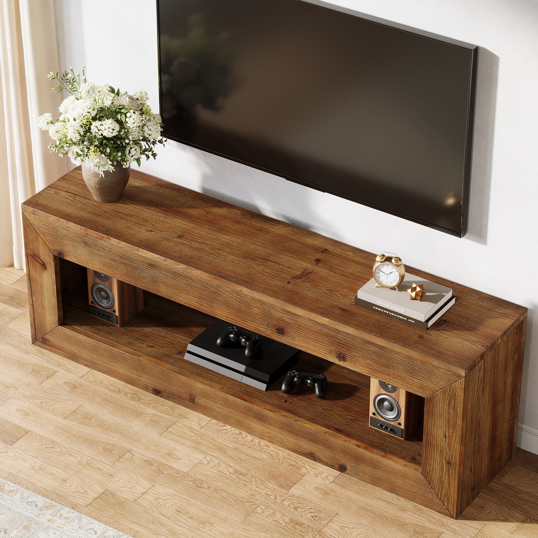 120 cm Tribesigns massief houten tv-meubel met opbergruimte, landelijke lage mediakast voor woonkamer en slaapkamer