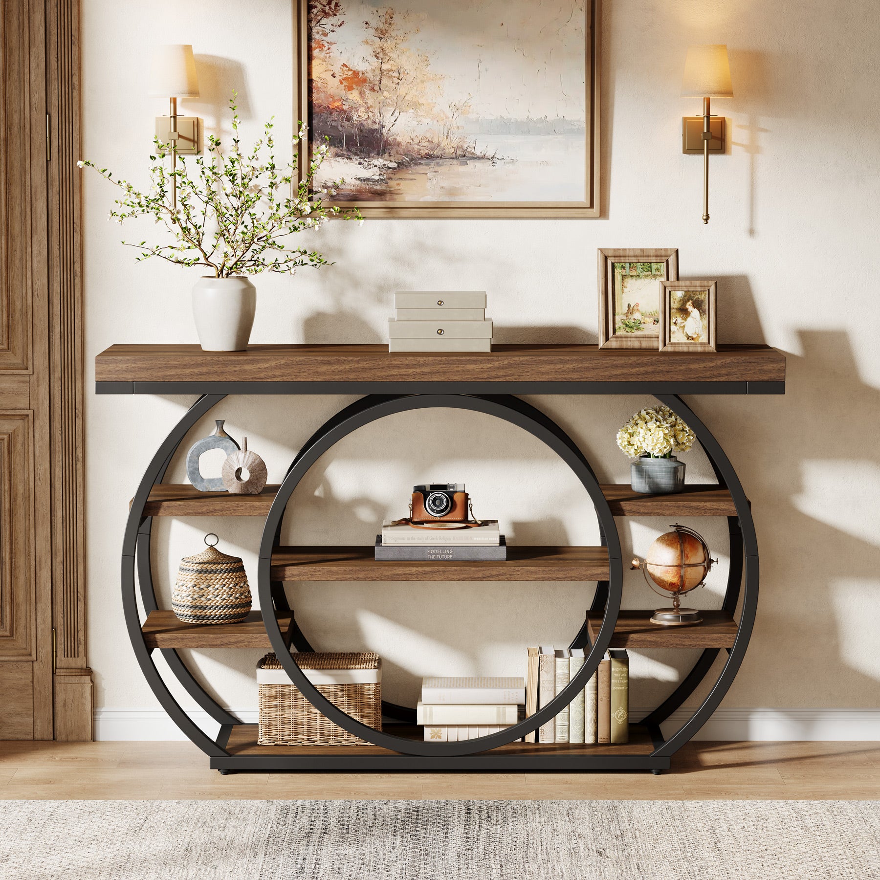 Consoletafel van 120 cm met 5 Lagen in Industrieel Design, Smalle Banktafel voor Woonkamer en Hal in Rustiek Bruin