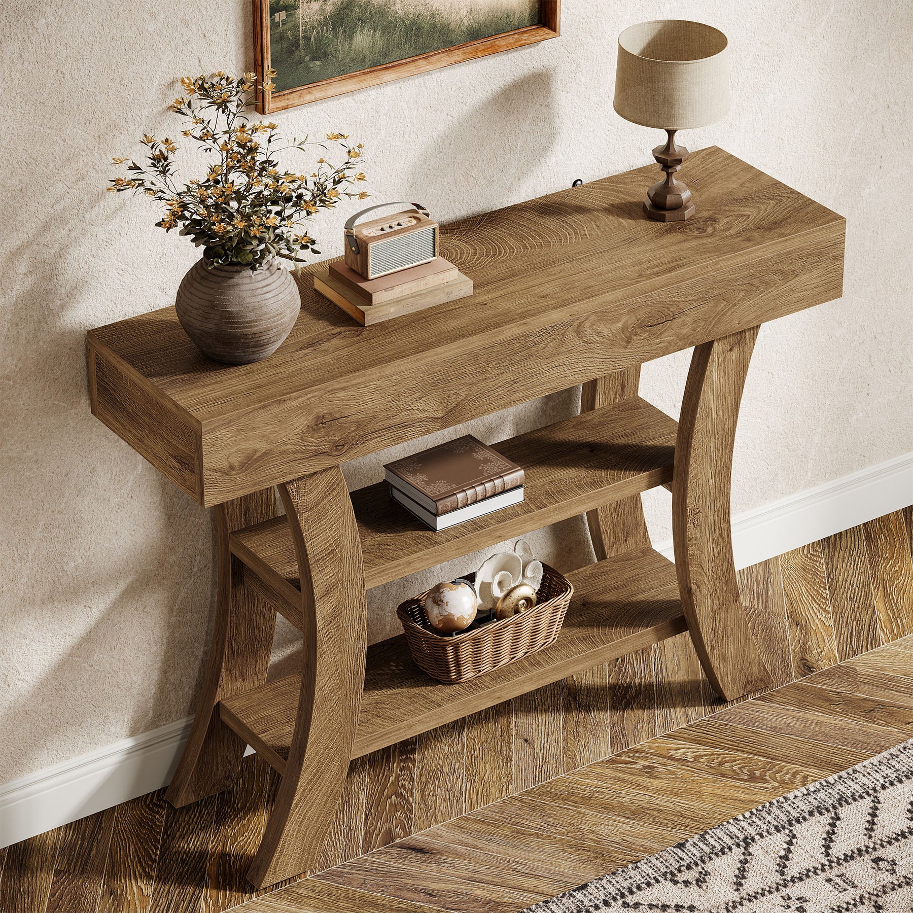 105 cm Landelijke Consoletafel, Drieplanken Salontafel met Gebogen Frame voor Hal