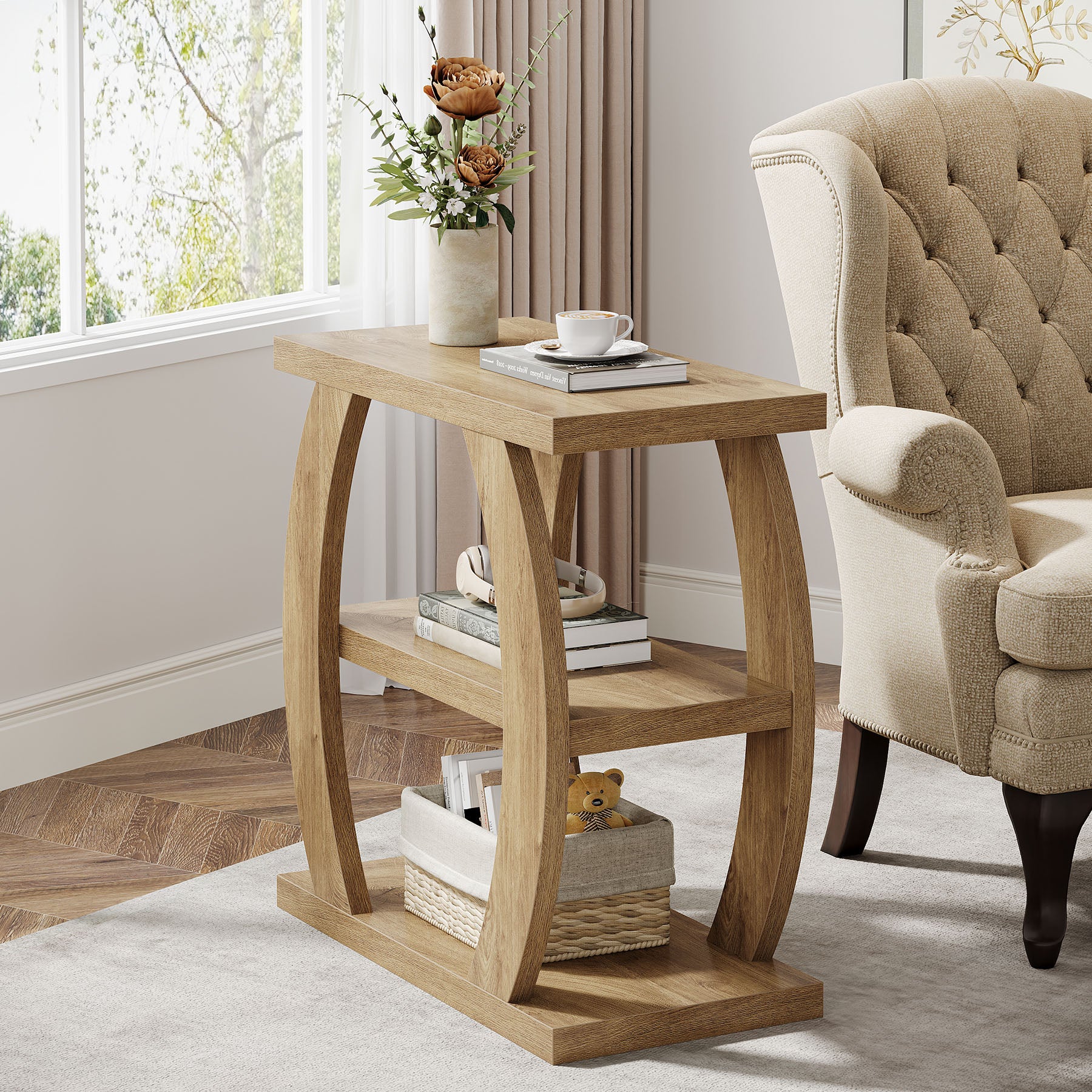 80 cm Hoge Bijzettafel voor Woonkamer, 3-Tier Smalle Tafel met Opbergruimte