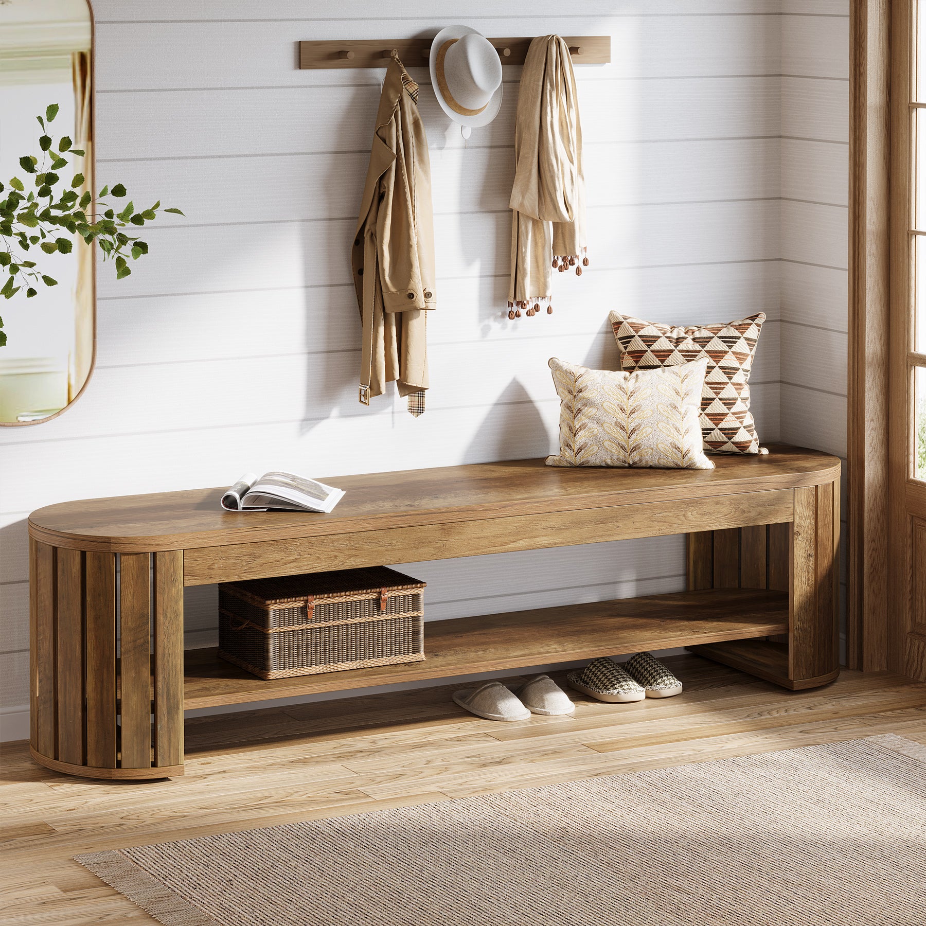 160 cm Smalle 2-Laagse Schoenenbank met Gebogen Lattenpoten