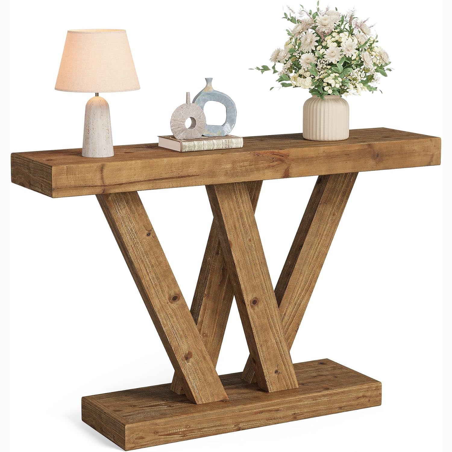 119 cm Massief Houten Salontafel, Smalle Vintage Banktafel voor Hal