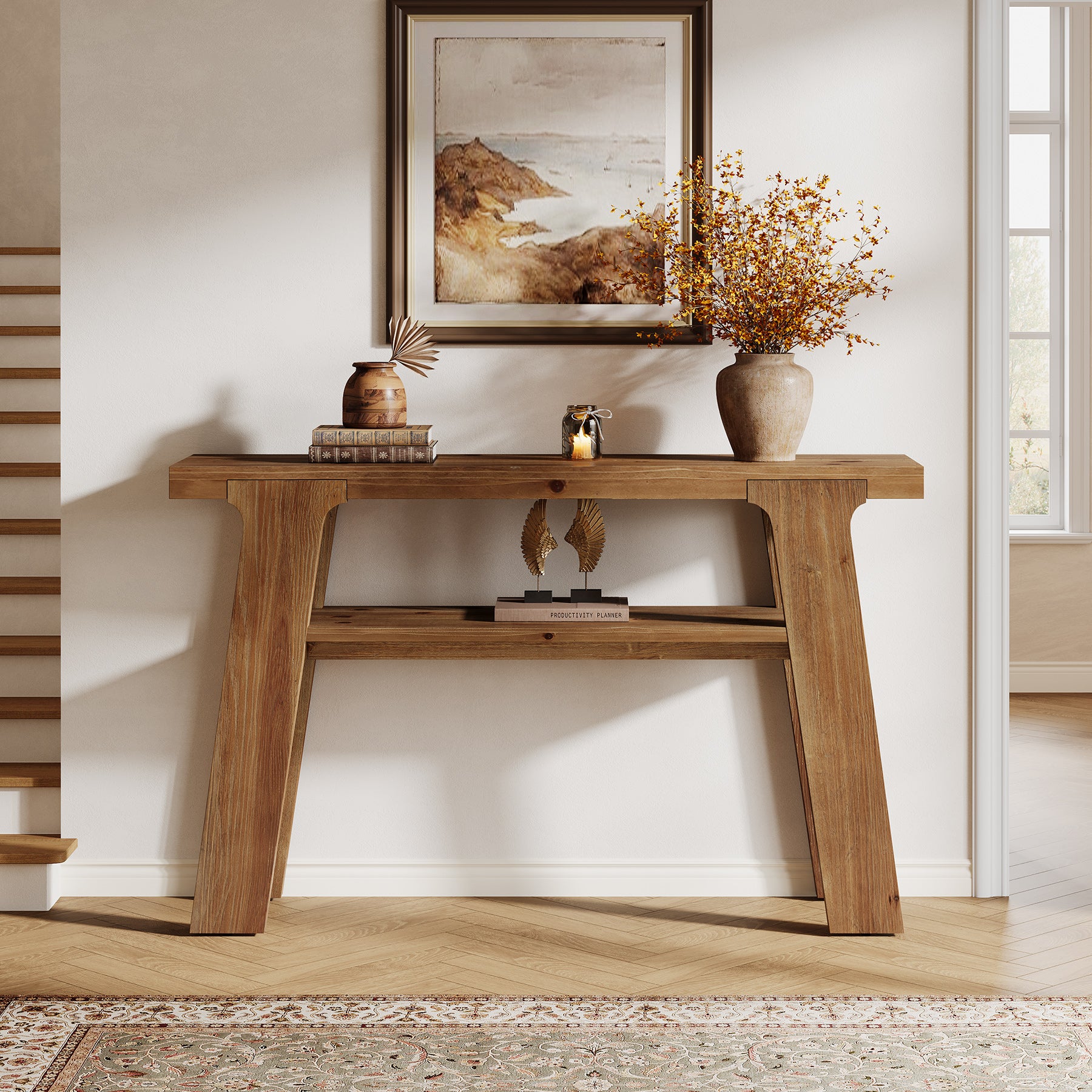 120 cm Houten Consoletafel, Massief Houten Bijzettafel met 2-Laden Opbergvak