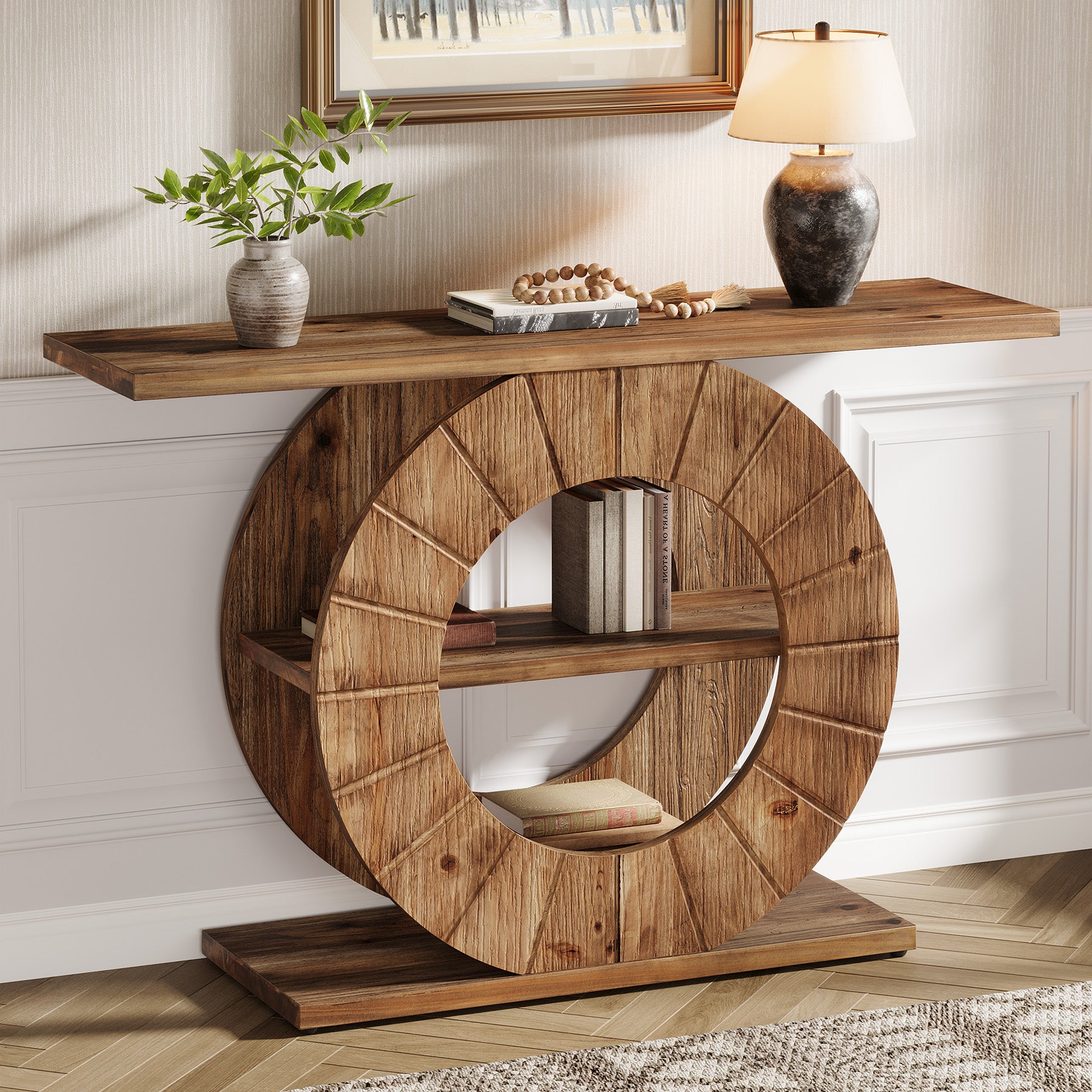 105 cm Massief Houten Consoletafel met 3 Planken en Ronde Basis
