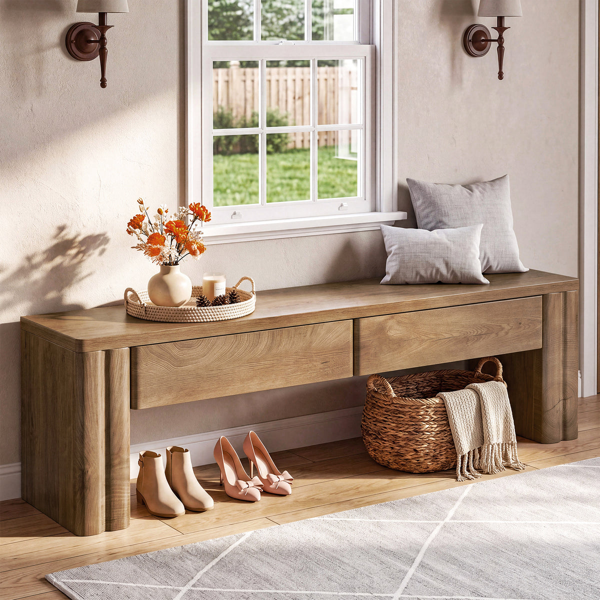 140 cm Tribesigns halbank met 2 verborgen opberglades, moderne zitbank in warme eikenlook voor hal en slaapkamer