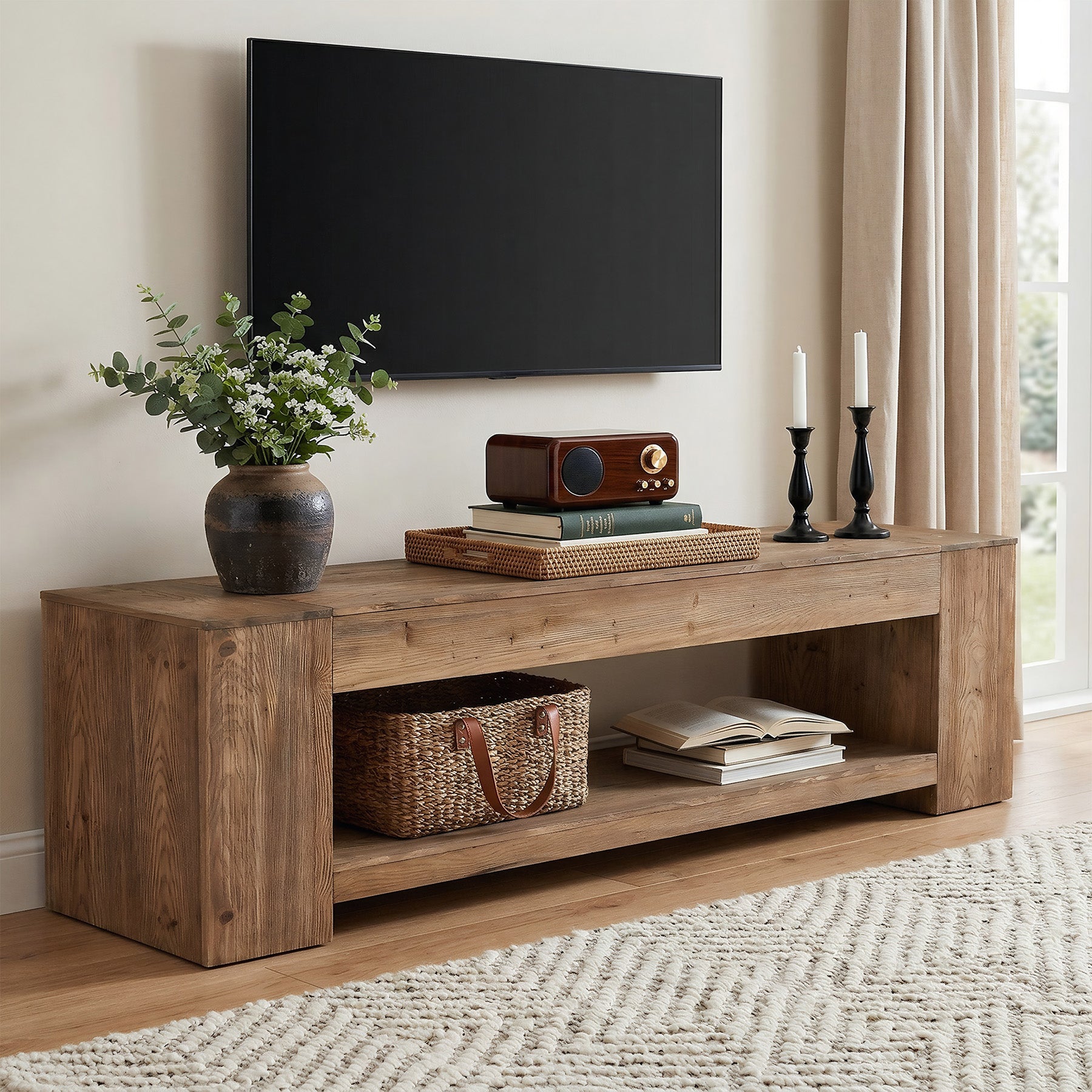 Tribesigns massief houten tv-meubel 160 cm voor tv’s tot 75 inch, landelijke tv-kast met open opbergvak