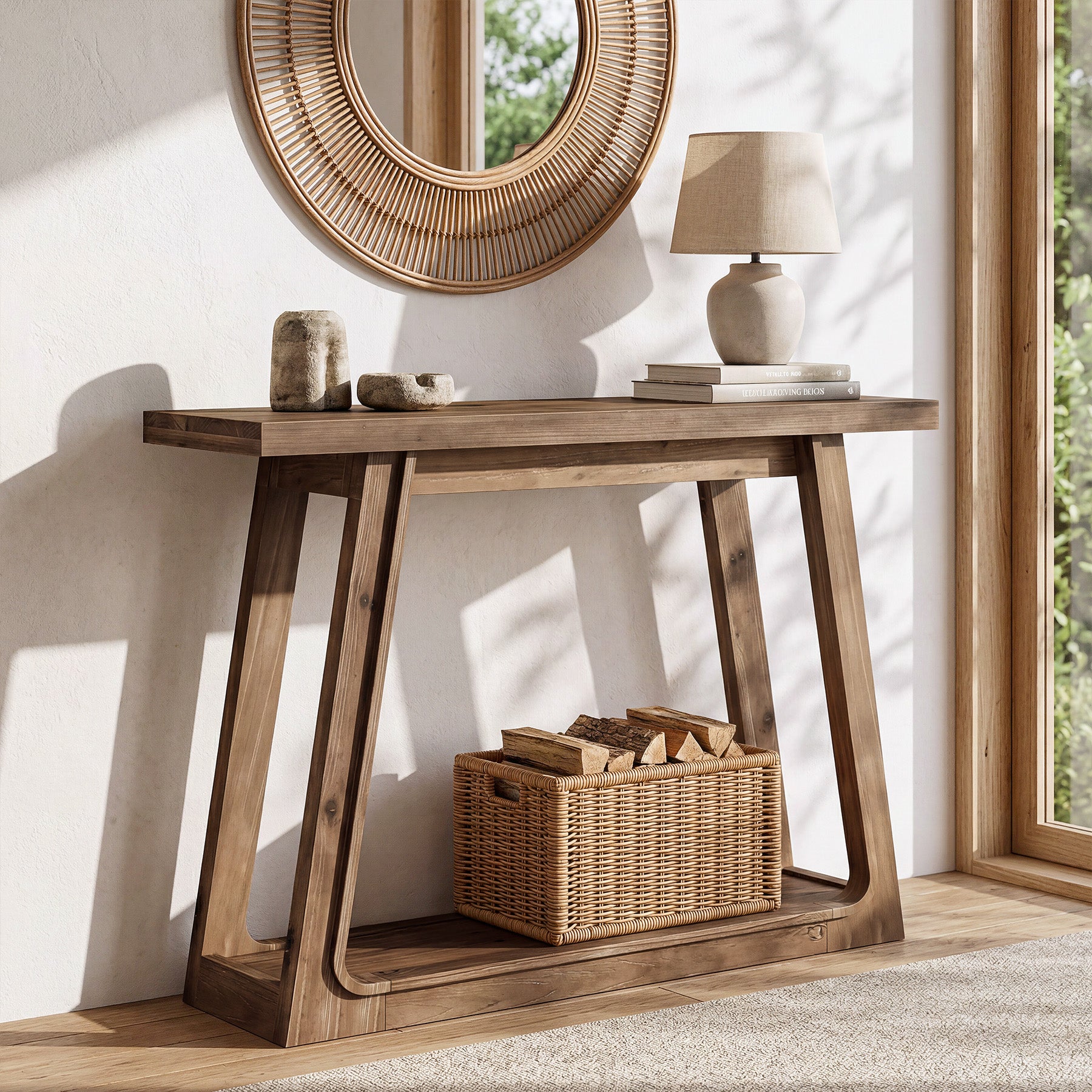 105 x 30 x 80 cm Tribesigns massief houten sidetable met trapeziumvormige basis, haltafel voor entree en woonkamer
