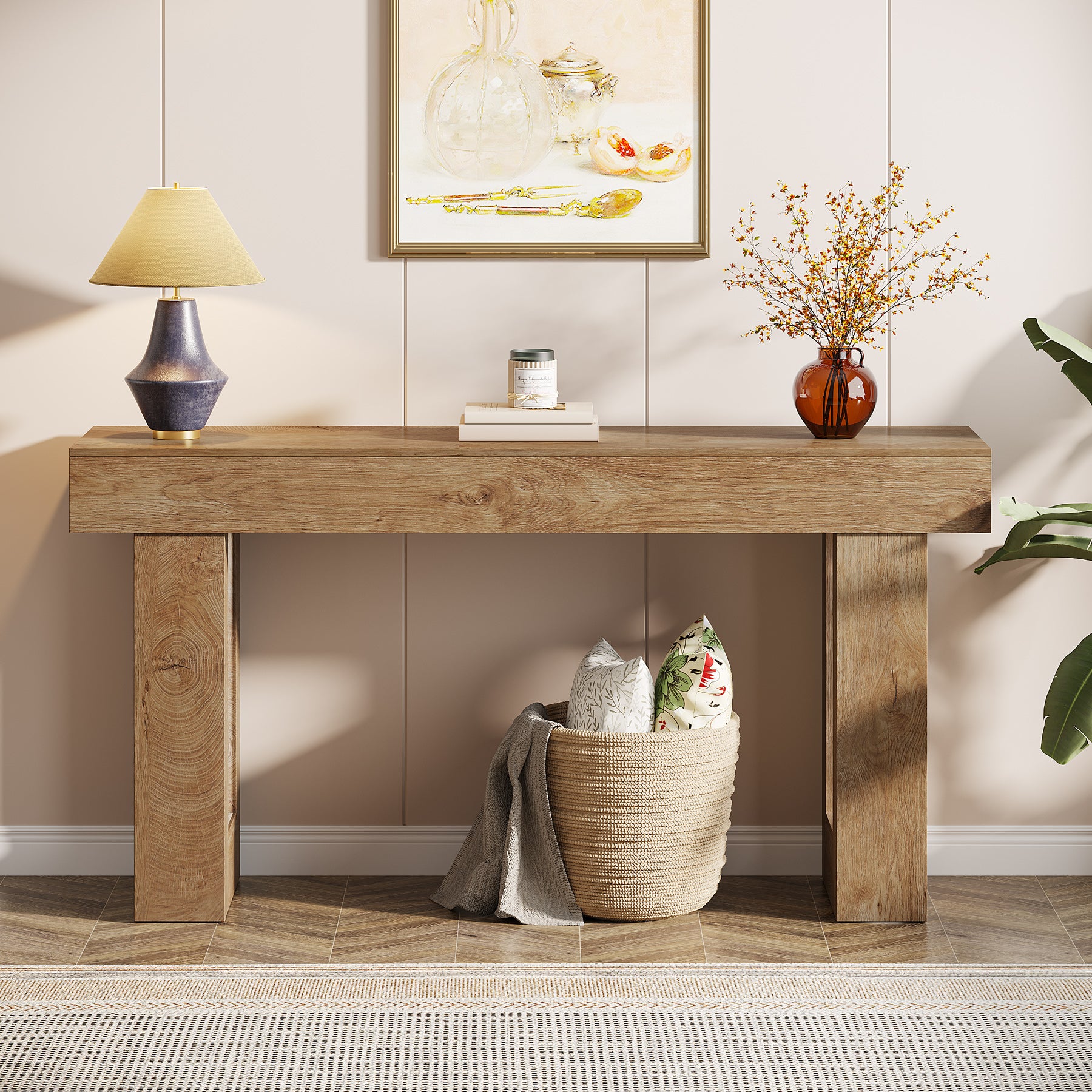 160 cm Landelijke Consoletafel, Natuurhouten Salontafel voor Hal en Woonkamer