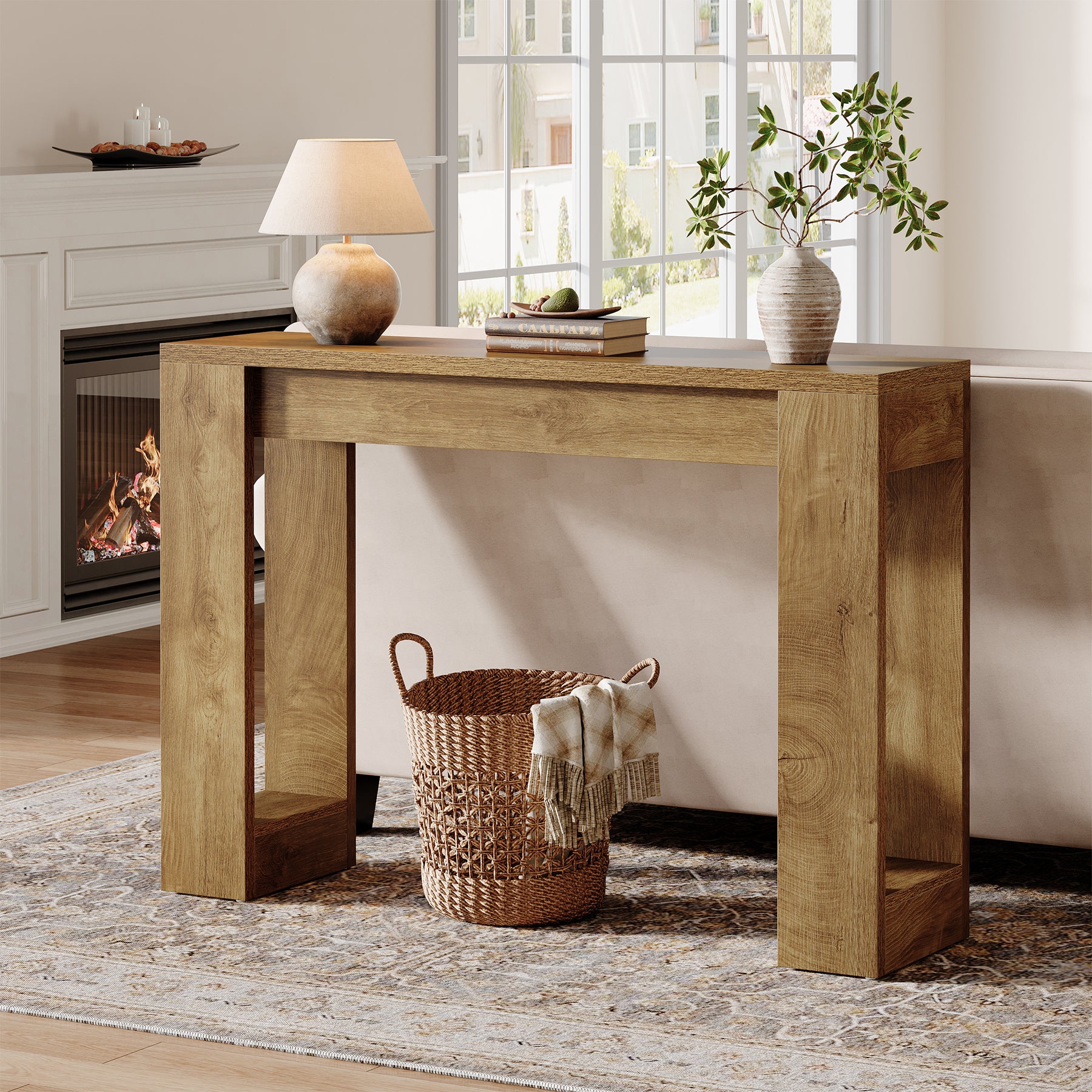 105 cm Houten Consoletafel met Dubbele Basis, Moderne Haltafel voor Entree en Woonkamer