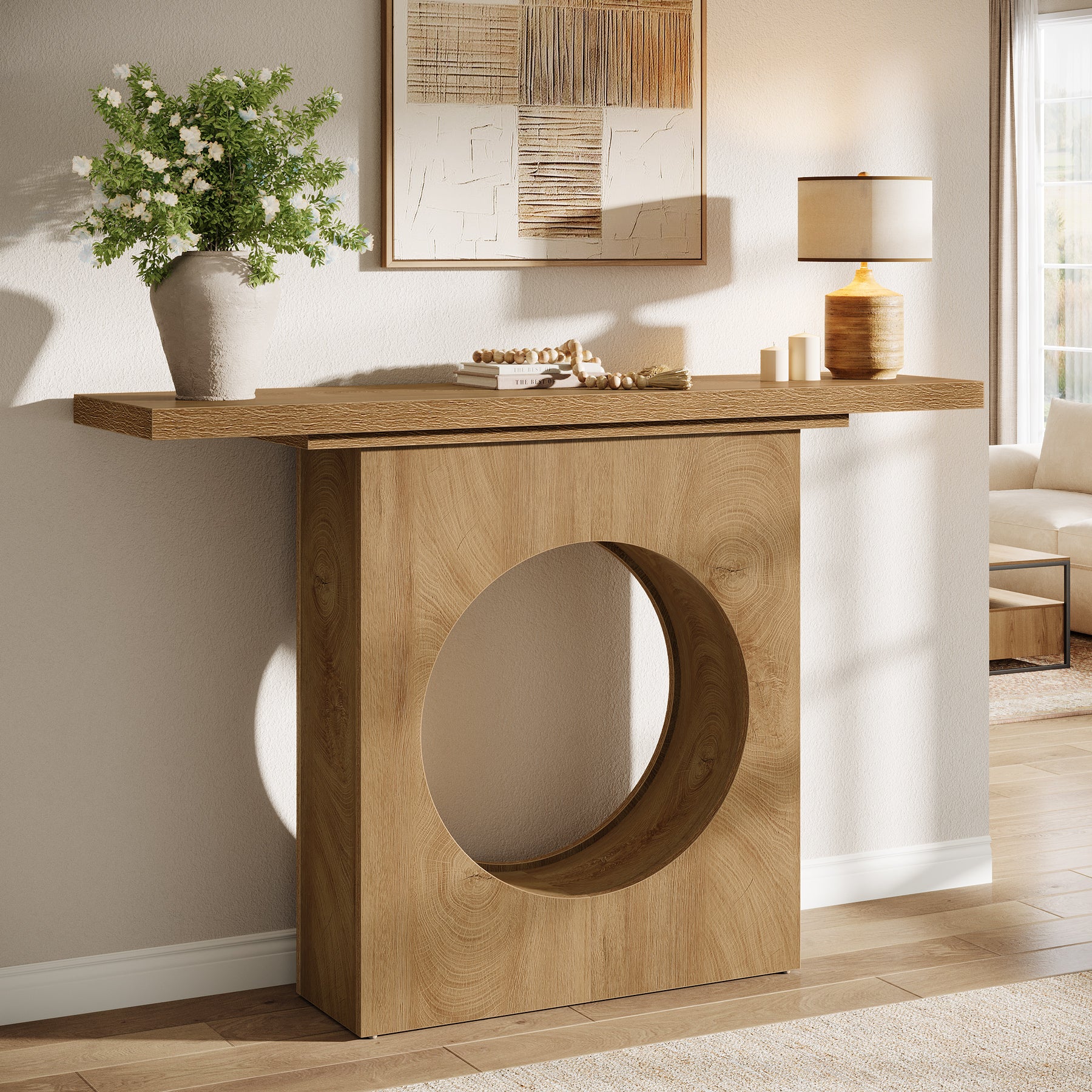 105 cm Landelijke Consoletafel met Rond Gat Ontwerp, Smalle Haltafel voor Woonkamer