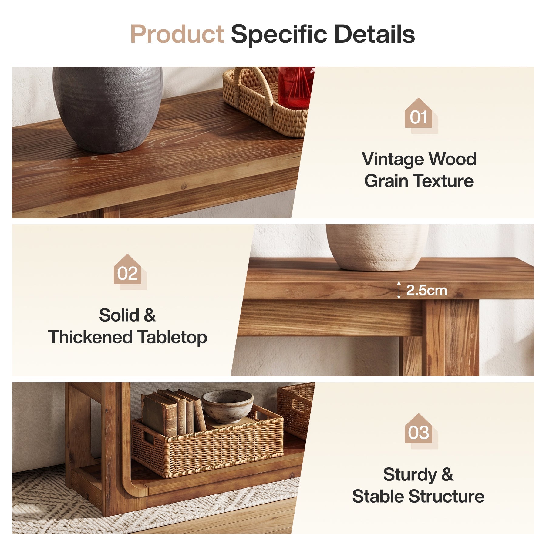 Tribesigns consolentafel van massief hout 140 cm, smalle gangtafel met 3 planken in landelijke stijl