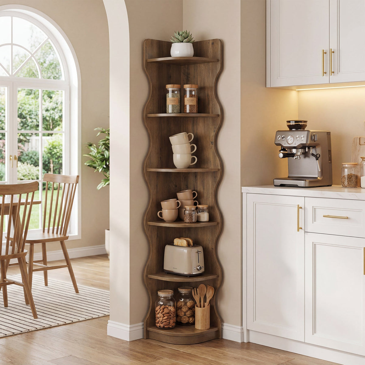 Tribesigns 6-laags Hoekrek van 180 cm met Modern Gebogen Design, Staand Plantenrek en Boekenrek voor de Woonkamer