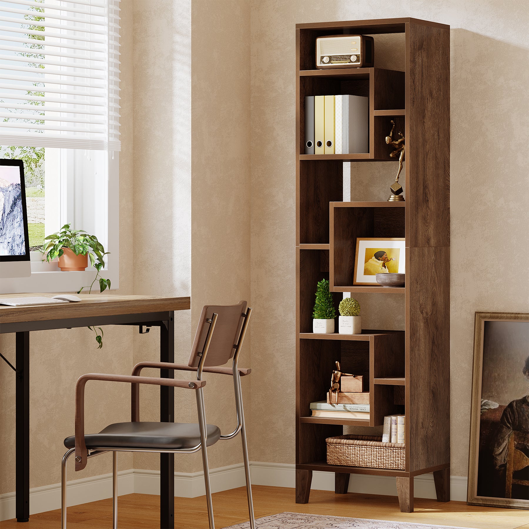 180 cm Hoge Hoekplank, 8-Niveau Houten Boekenkast en Plantenstandaard voor Woonkamer