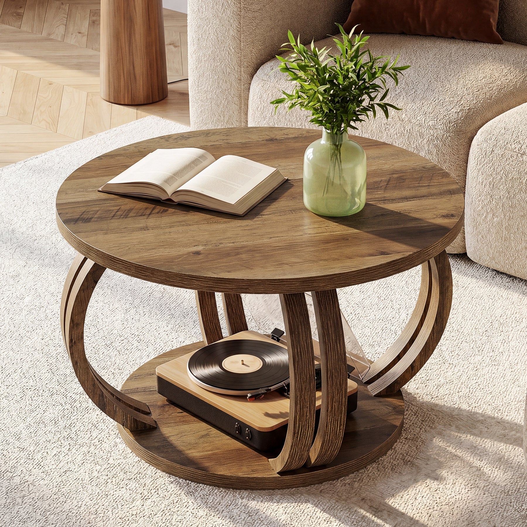 Tribesigns ronde salontafel 80 cm met plank, woonkamertafel met sculpturale zuilvoet
