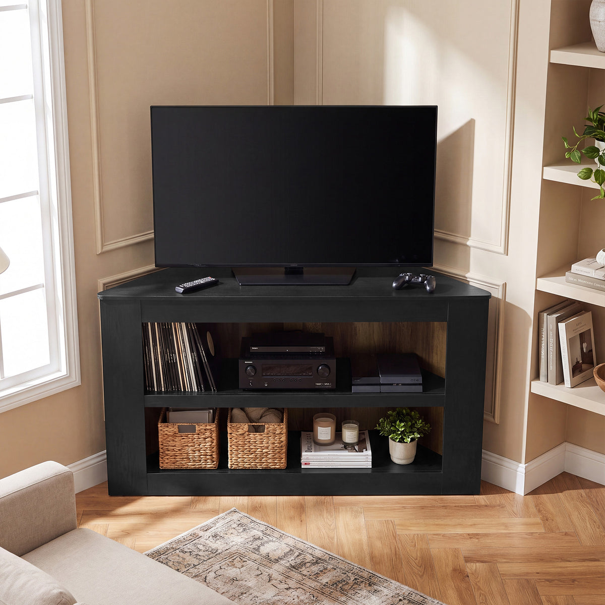 Tribesigns 150 cm hoek tv-meubel met 2-laags open opbergruimte en trapeziumvorm, moderne tv-kast voor woonkamer en slaapkamer