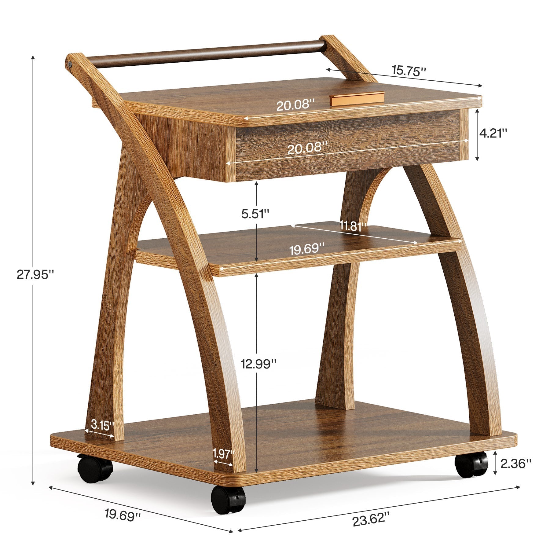 71 cm Bedtafel met Wielen, Drieplanken Bijzettafel met Verstelbaar Blad voor Woonkamer