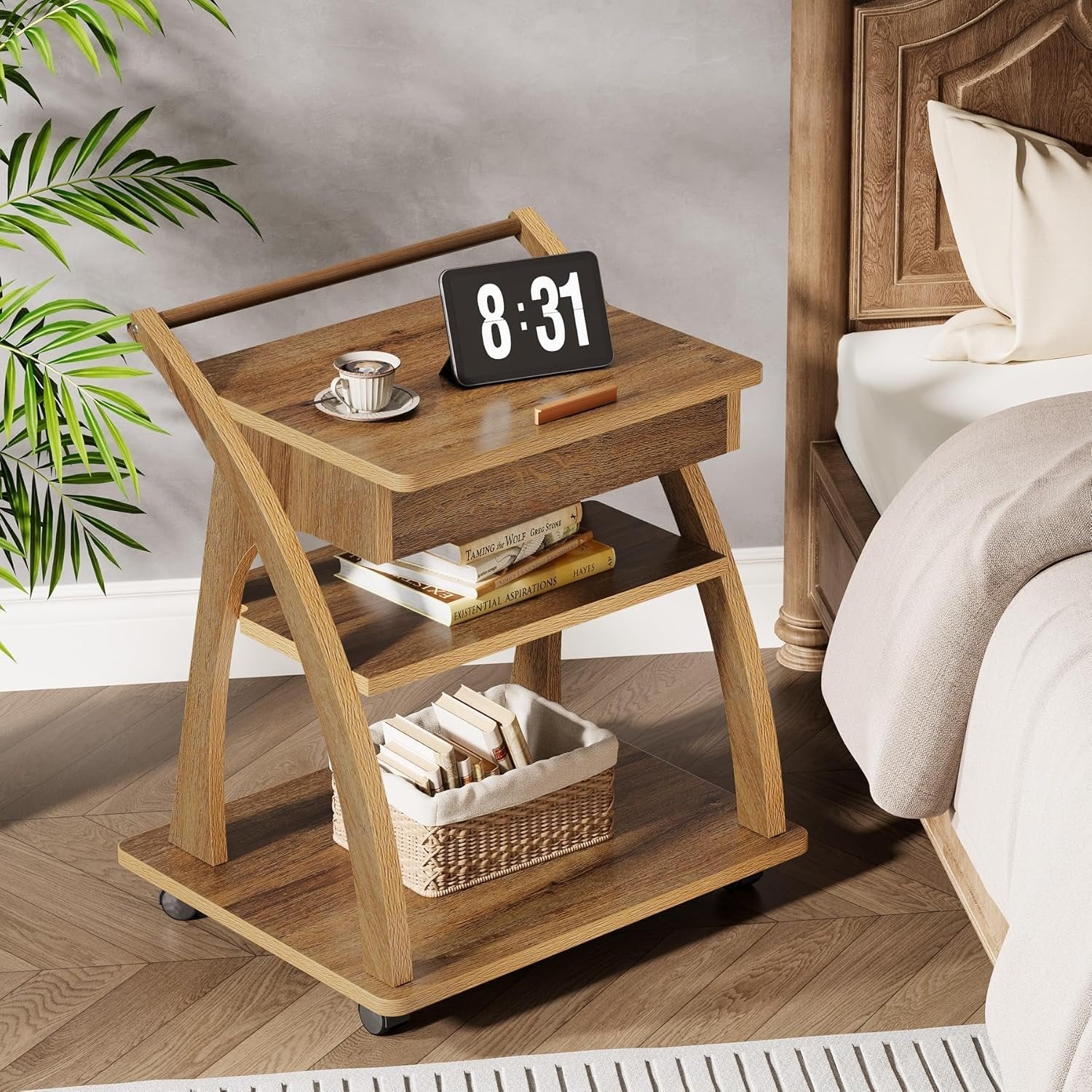 71 cm Bedtafel met Wielen, Drieplanken Bijzettafel met Verstelbaar Blad voor Woonkamer