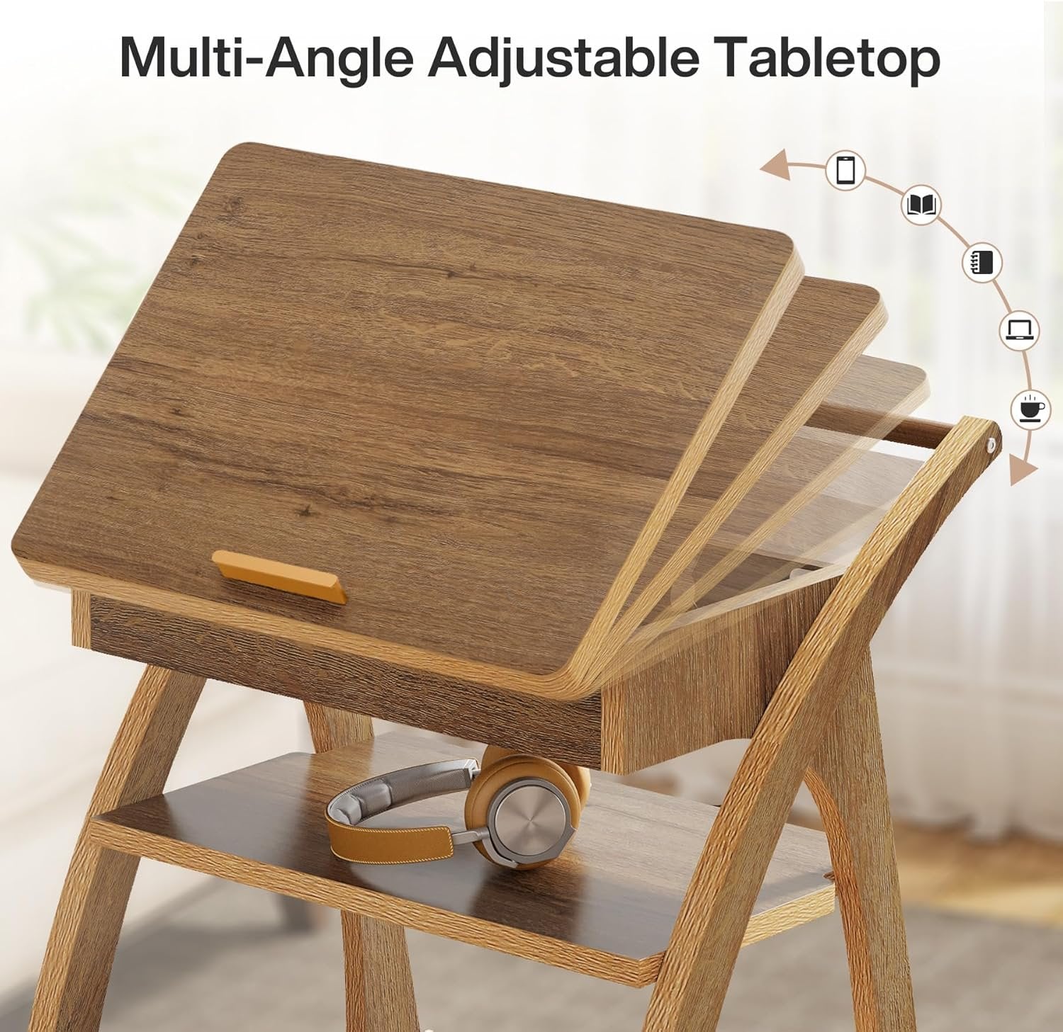 71 cm Bedtafel met Wielen, Drieplanken Bijzettafel met Verstelbaar Blad voor Woonkamer