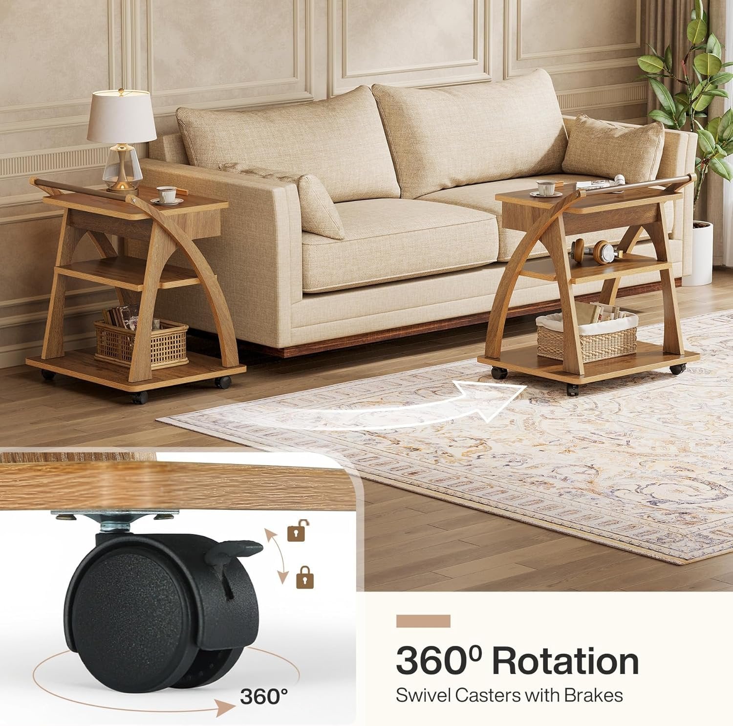 71 cm Bedtafel met Wielen, Drieplanken Bijzettafel met Verstelbaar Blad voor Woonkamer