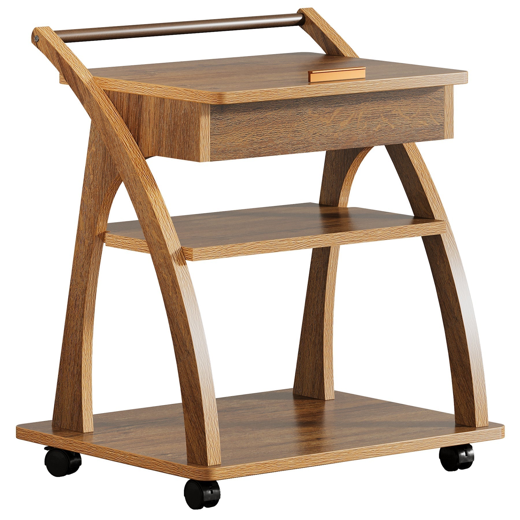 71 cm Bedtafel met Wielen, Drieplanken Bijzettafel met Verstelbaar Blad voor Woonkamer