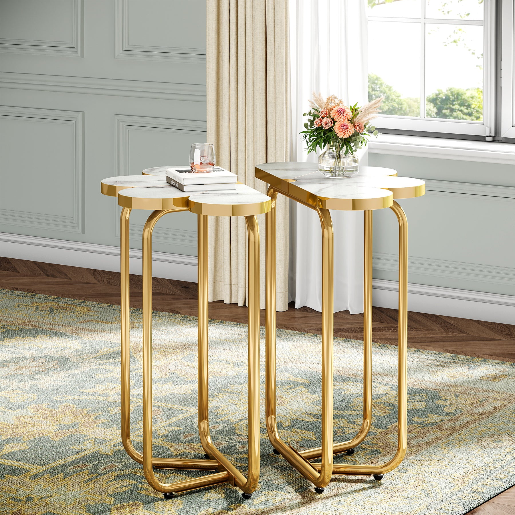 66 cm Smalle Bijzettafel, Halfronde Nachtkastje met Gouden Frame en Marmer Print