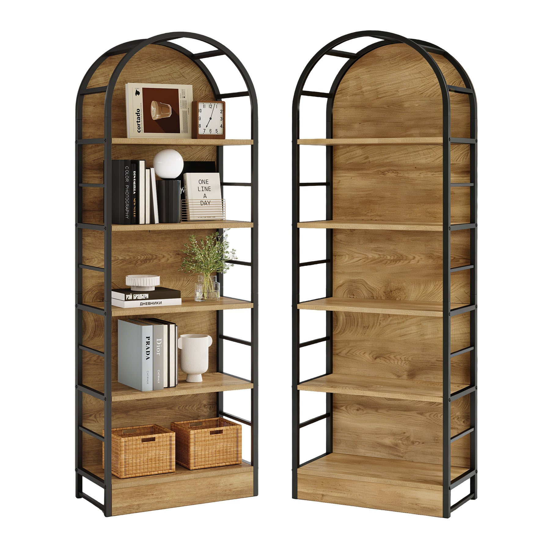 180 cm Boog Boekenkast met 5 Niveaus, Industrieel Open Rek met Metaal Frame voor Woonkamer