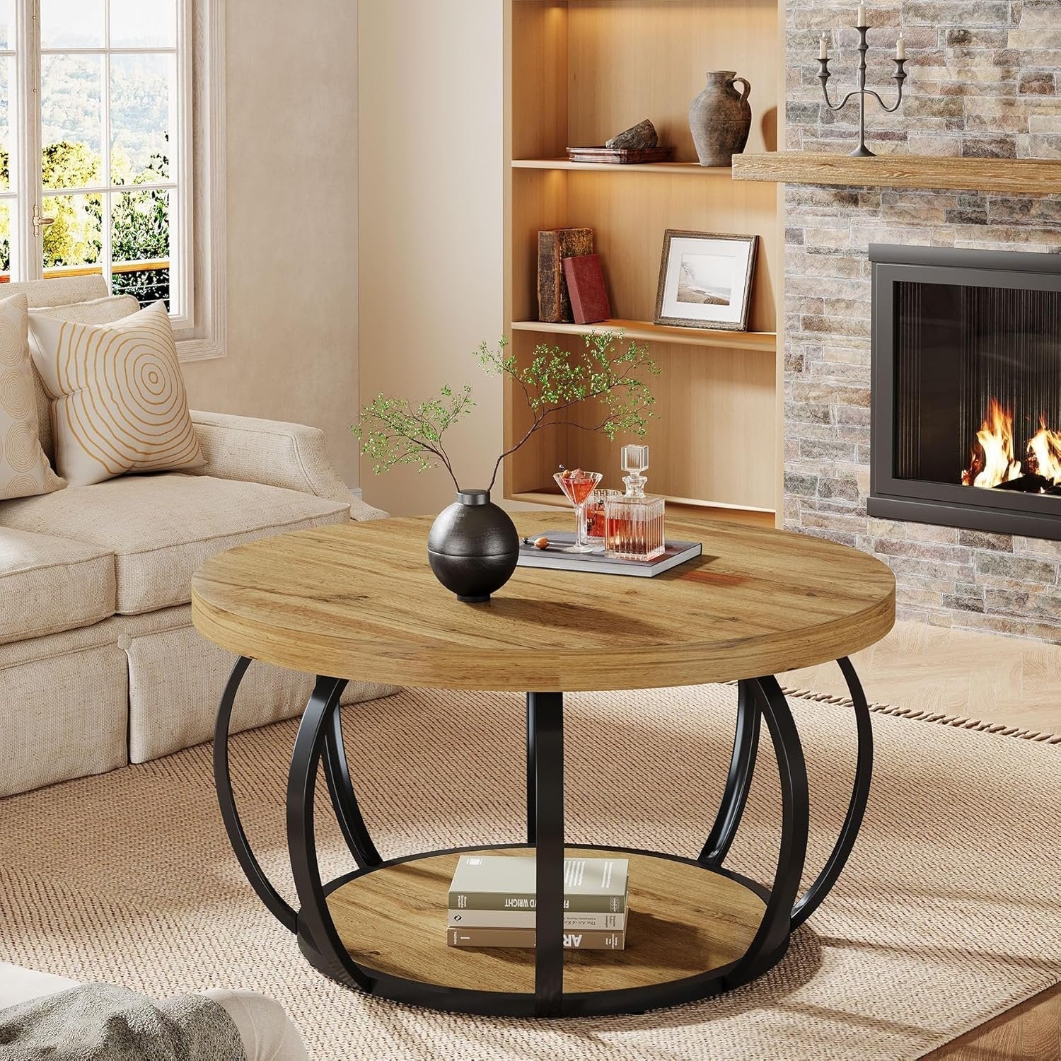 80 cm Ronde Salontafel, 2-Laags Landelijke Center Tafel met Hout en Zwart Metaal