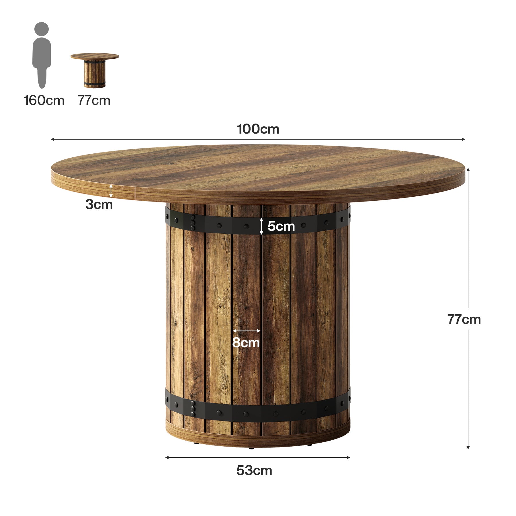 100 cm Ronde Boerderij Eettafel voor 4 Personen, Met Gelamineerd Blad en Hekwerk Basis in Landelijk Bruin
