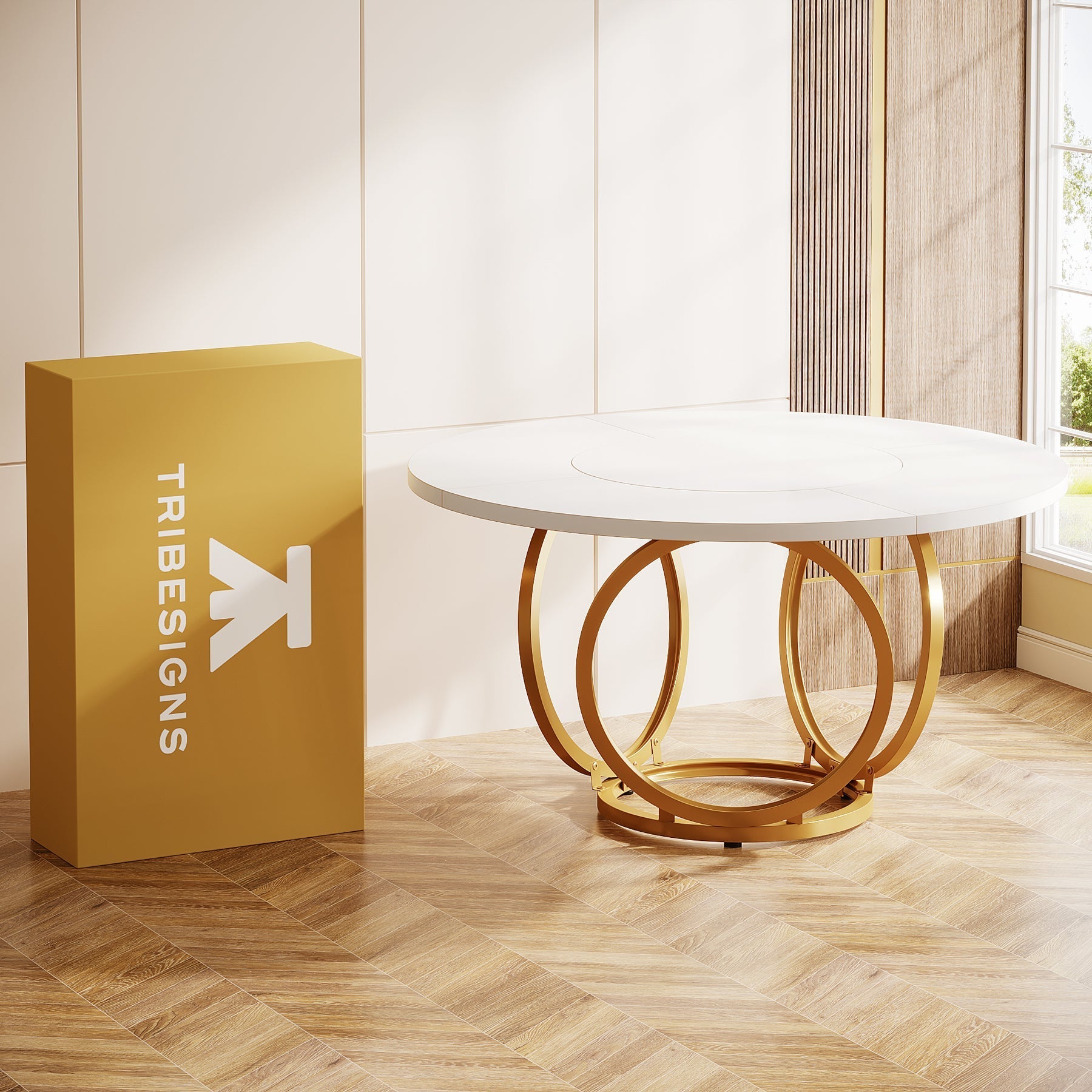 Ronde Eettafel voor Vier Personen, Witte Tafel met Gouden Metalen Onderstel