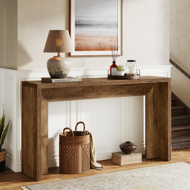 140 cm Farmhouse Console Tafel, Houten Banktafel met Opbergruimte Voor Woonkamer
