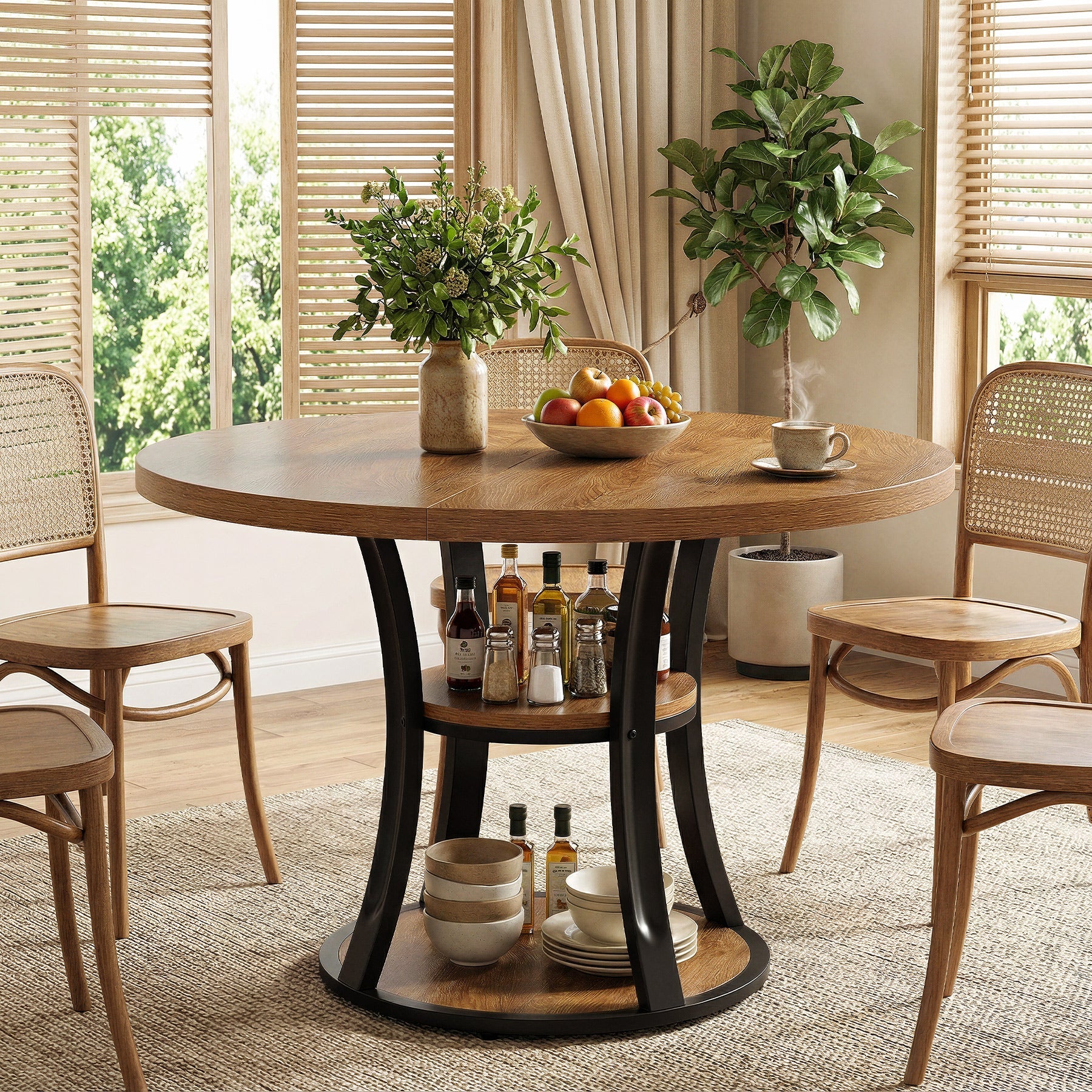 39.37" Round Dining Table, Farmhouse Kitchen Table with Storage for 4 People