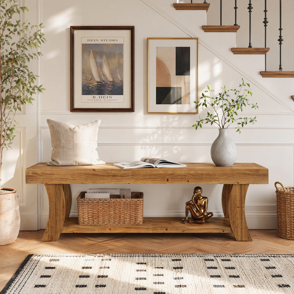 160 cm houten entreebank met opbergrek en massief houten design, landelijke schoenenbank voor hal en woonkamer