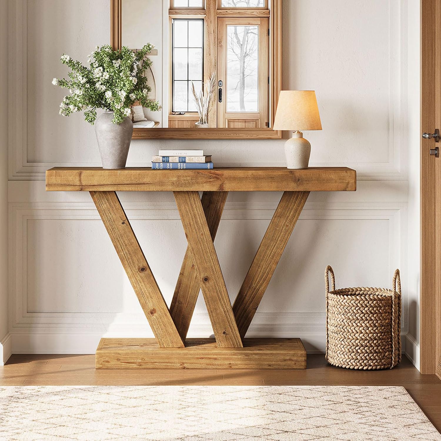 119 cm Massief Houten Salontafel, Smalle Vintage Banktafel voor Hal