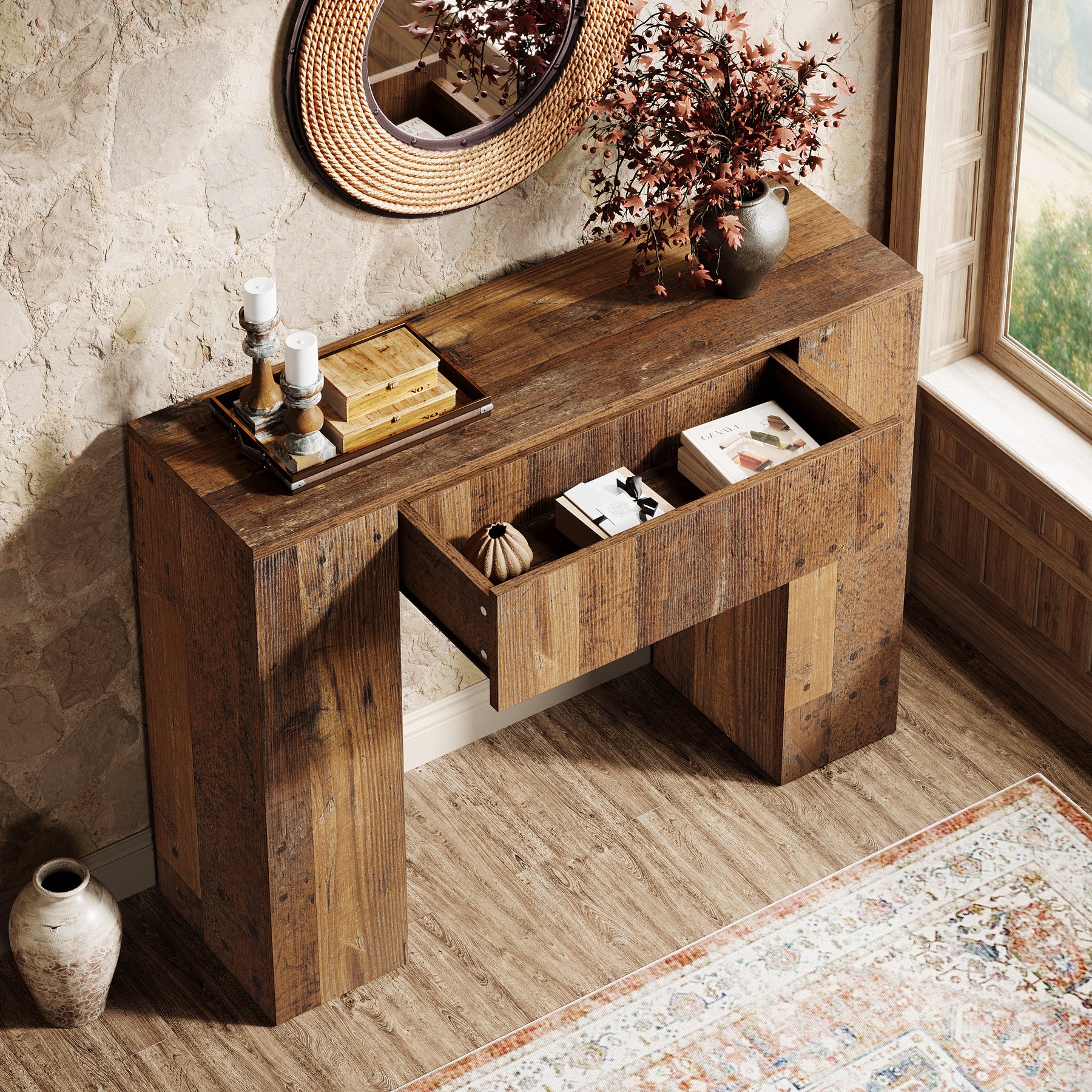Tribesigns Consoletafel van 100 cm met Lades voor Kleine Ruimtes, Smalle Donkerbruine Haltafel voor Woonkamer en Entree