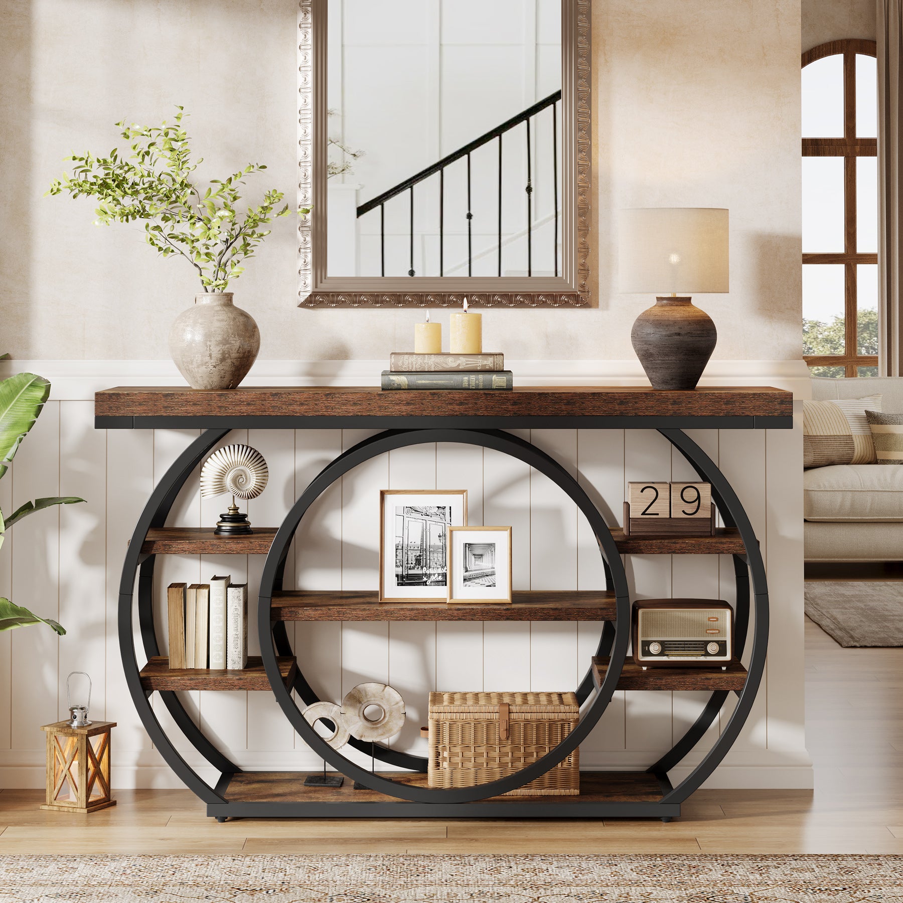 Consoletafel van 120 cm met 5 Lagen in Industrieel Design, Smalle Banktafel voor Woonkamer en Hal in Rustiek Bruin