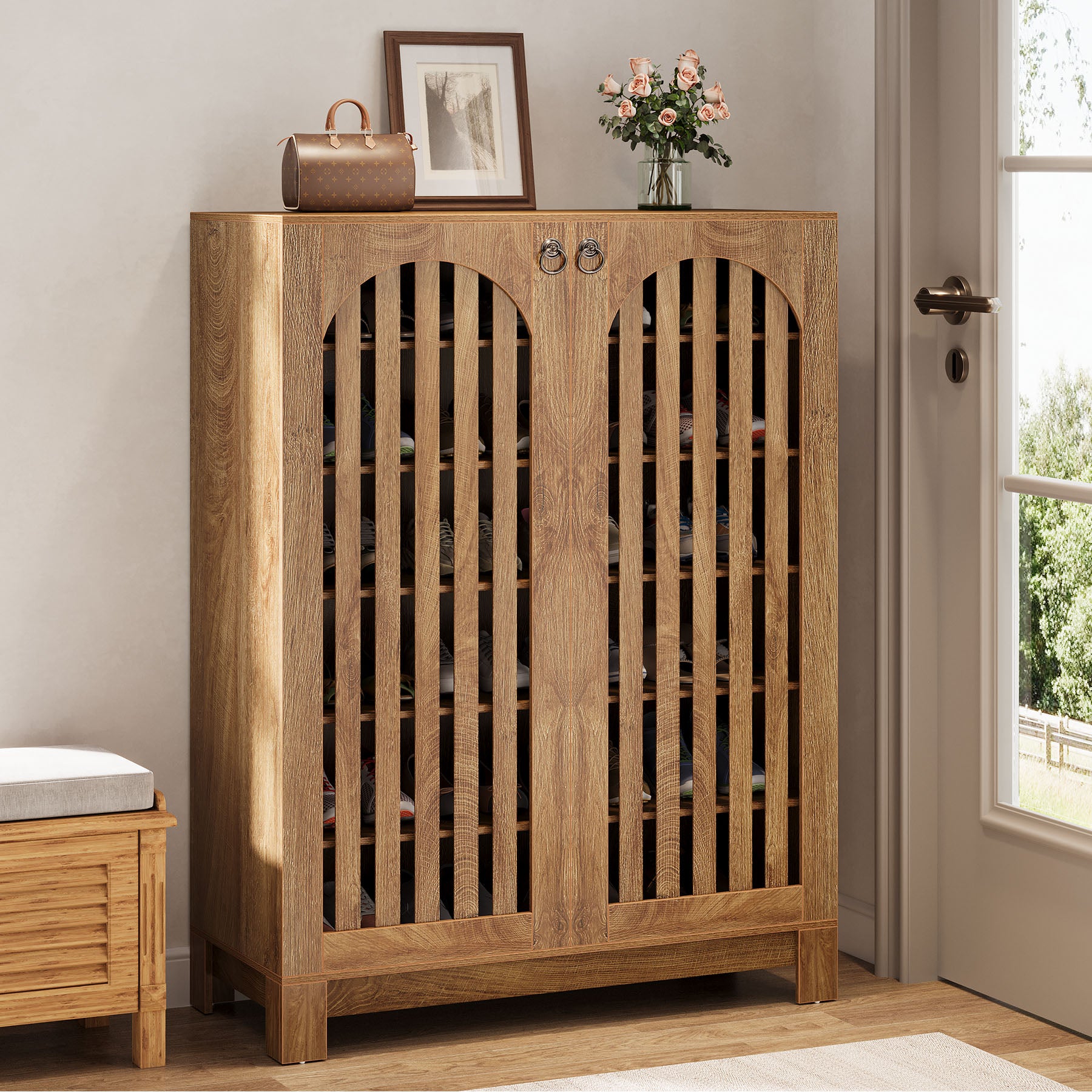 Schoenenkast met 6 Verdiepingen en Lamellendeuren, Houten Organizer voor Entree en Hal