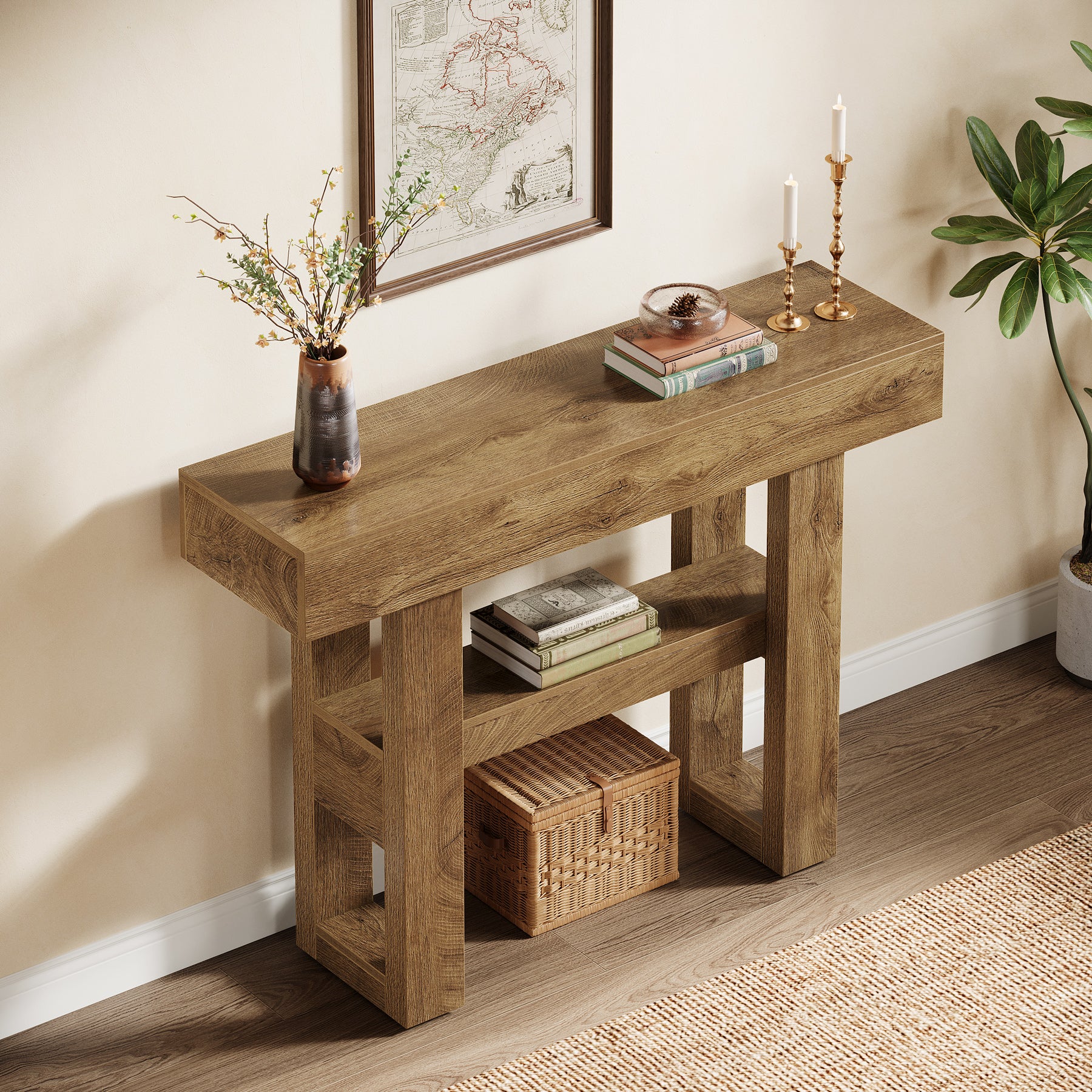 105 cm Smalle Consoletafel met 2 Niveaus, Rustieke Entreetafel voor Hal en Woonkamer