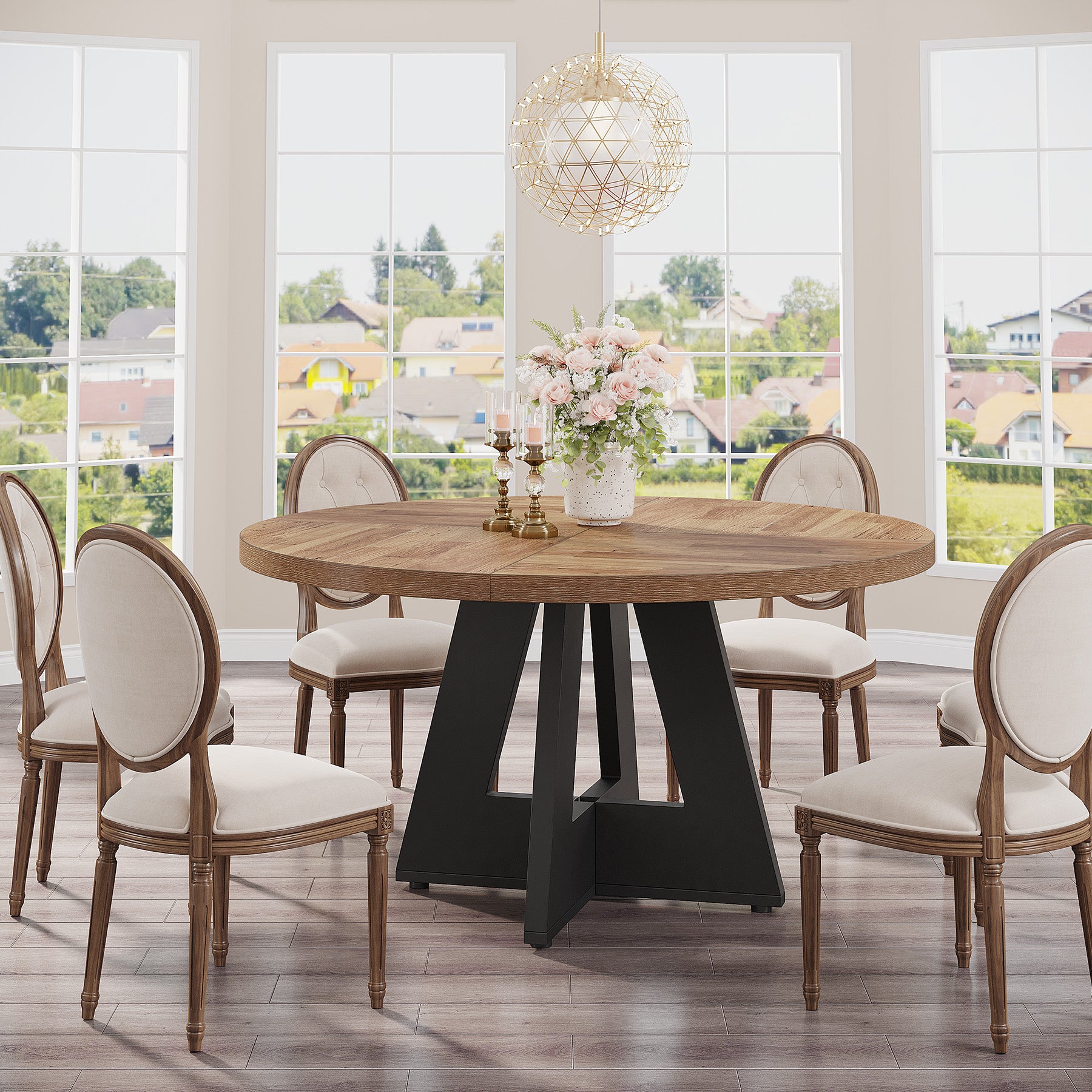 120 cm Ronde Boeren Eettafel, Bruin Houten Tafelblad voor 4 Personen in Keuken of Woonkamer