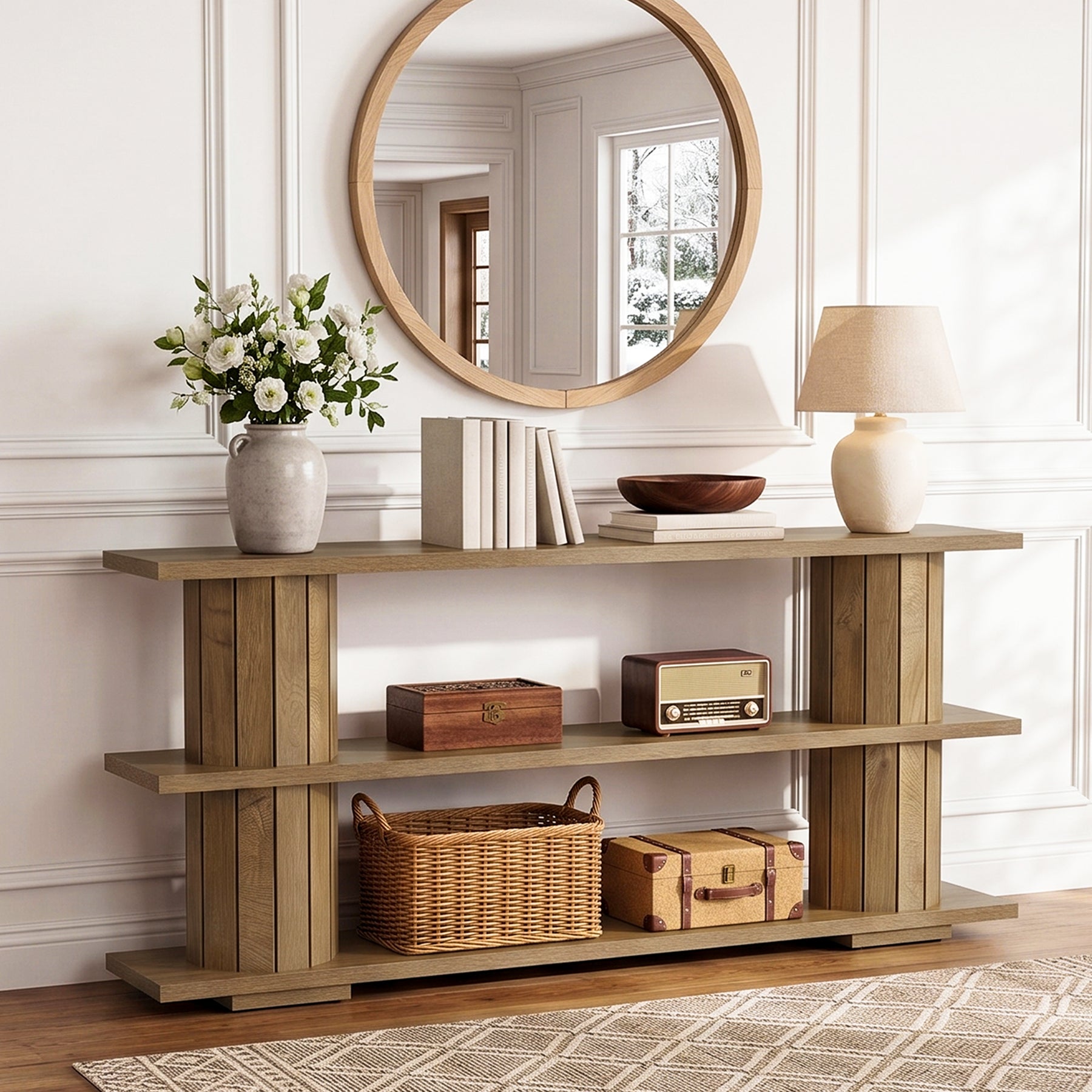 160 cm Consoletafel met 3-Laags Opbergrekken, Lange Haltafel voor Woonkamer en Entree