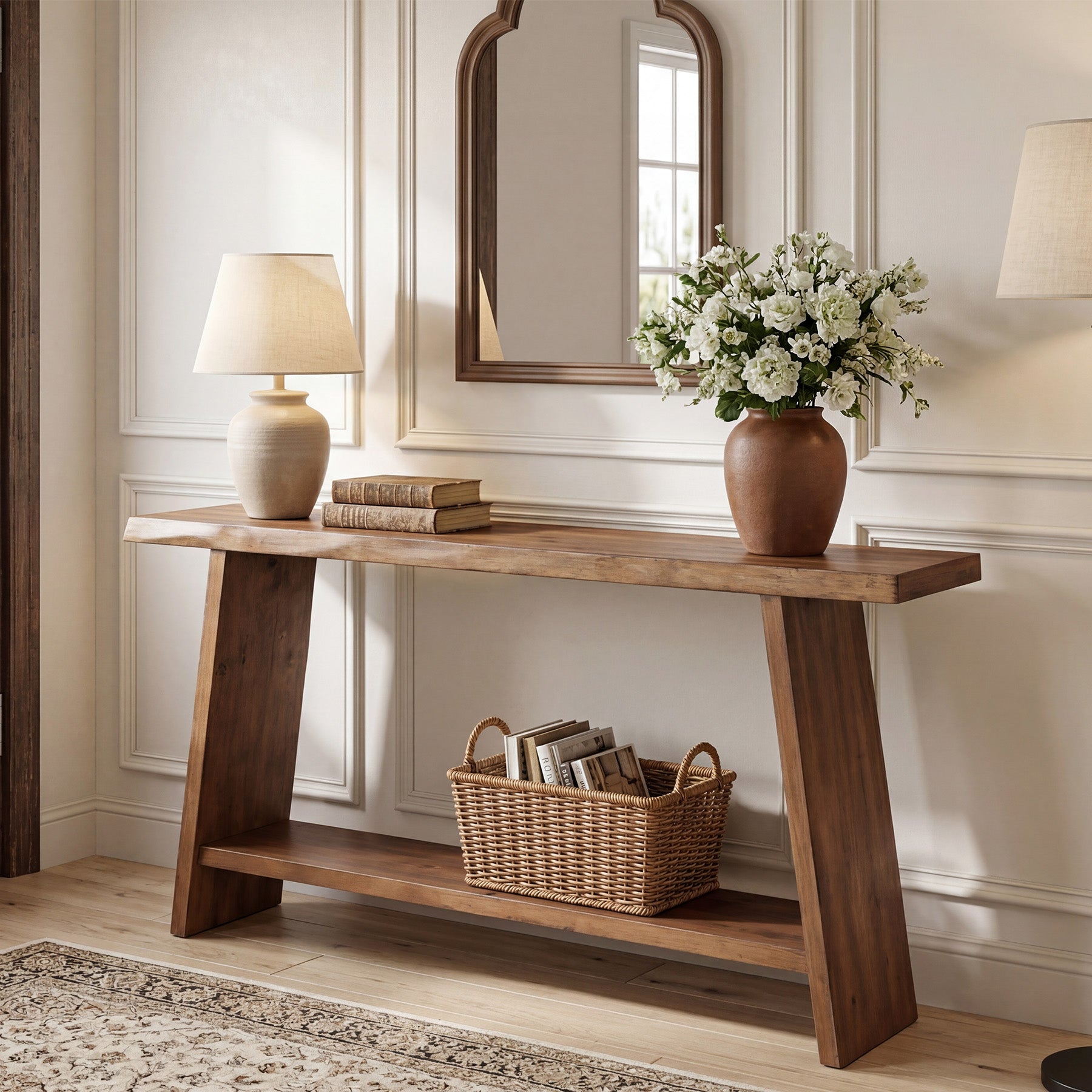 160 cm Massief Houten Consoletafel, 2-Laagse Sidetable voor Hal