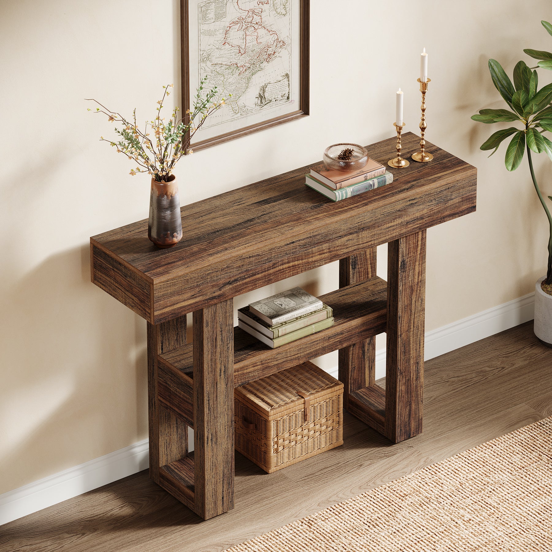 105 cm Smalle Consoletafel met 2 Niveaus, Rustieke Entreetafel voor Hal en Woonkamer