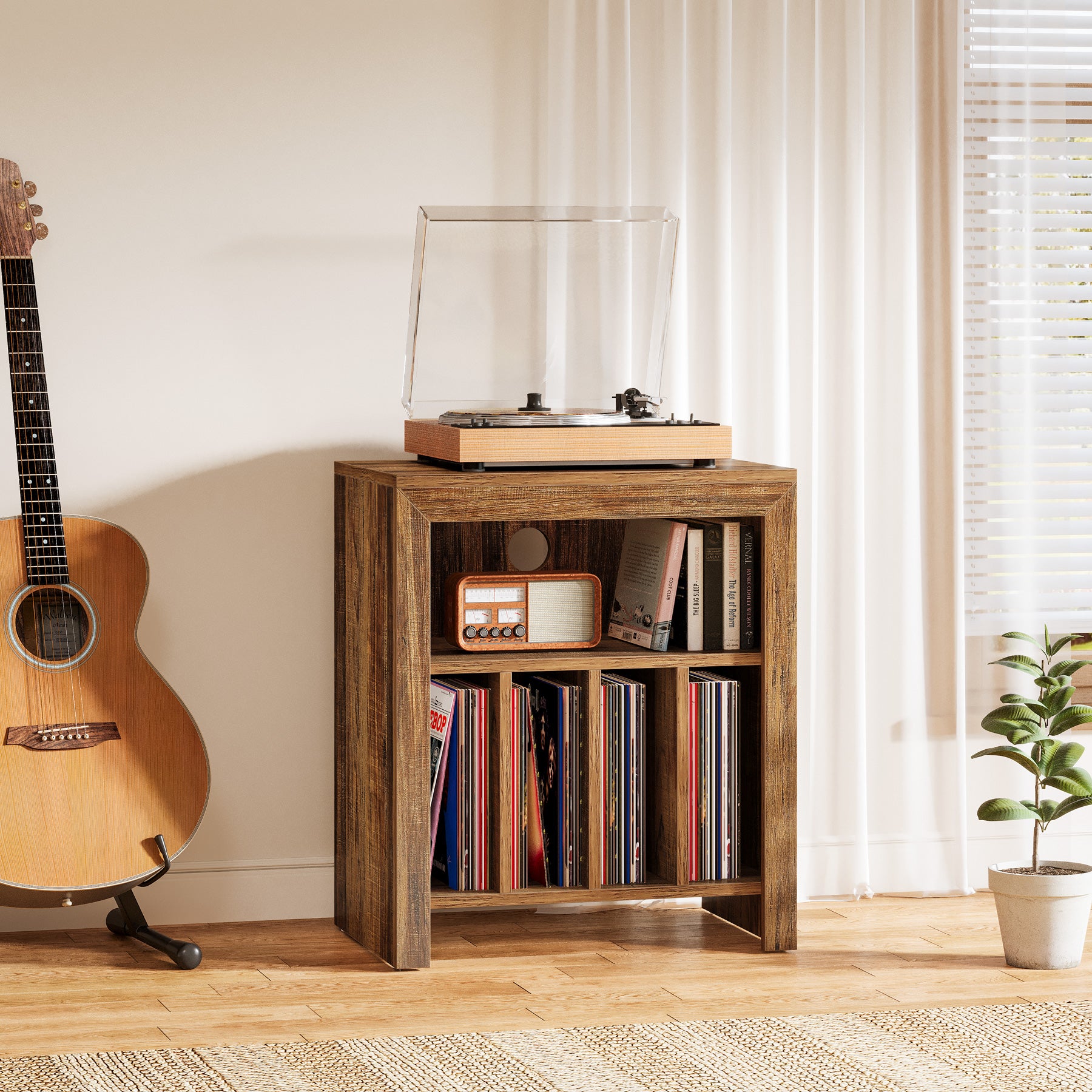 60 cm Vinylplaten Bijzettafel met 3 Etages, Industrieel Opbergmeubel in Rustiek Bruin